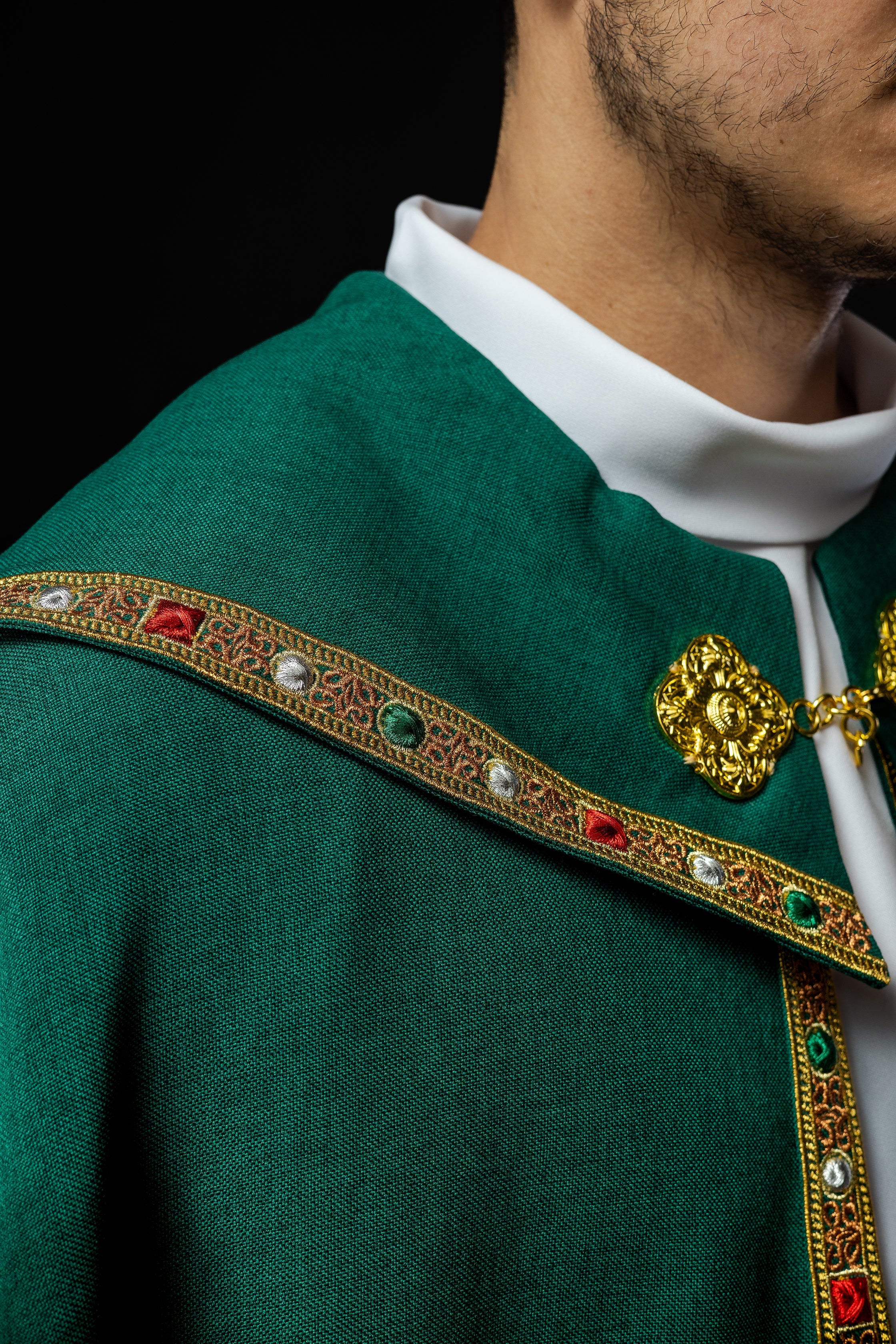 Green liturgical cope with classic JHS embroidery