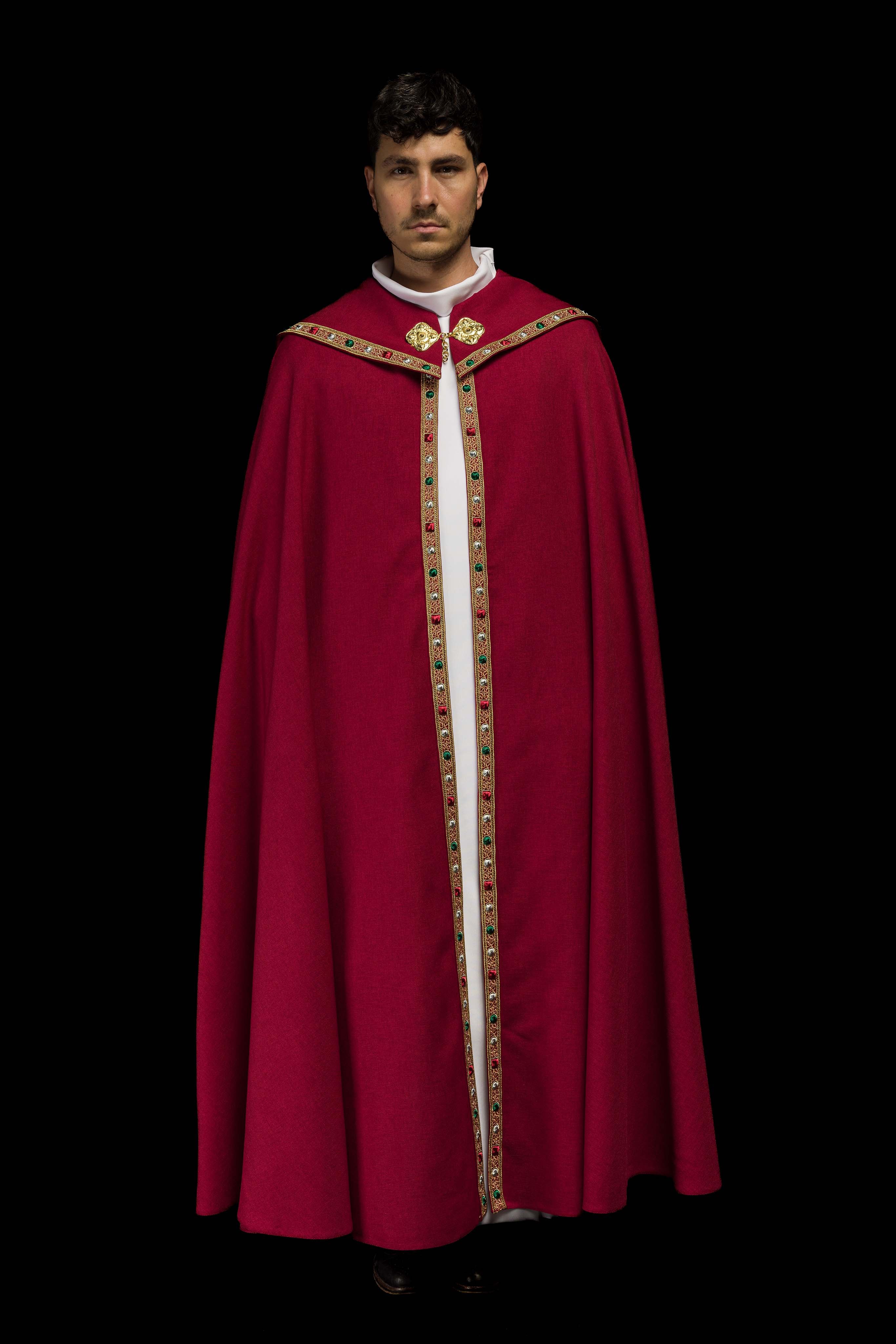 Liturgical cope in red finished with JHS embroidery