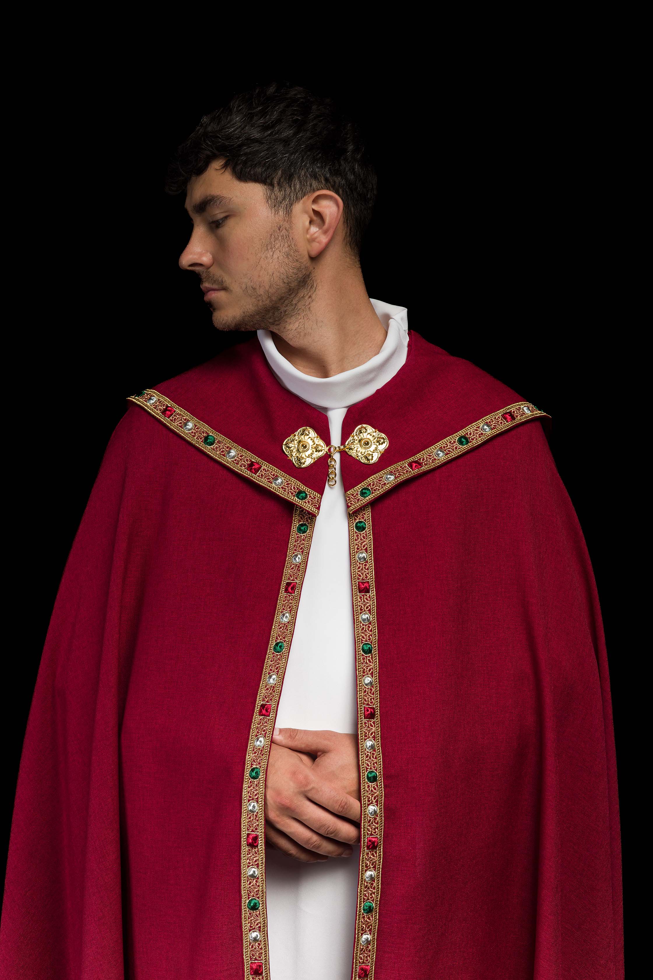 Liturgical cope in red finished with JHS embroidery