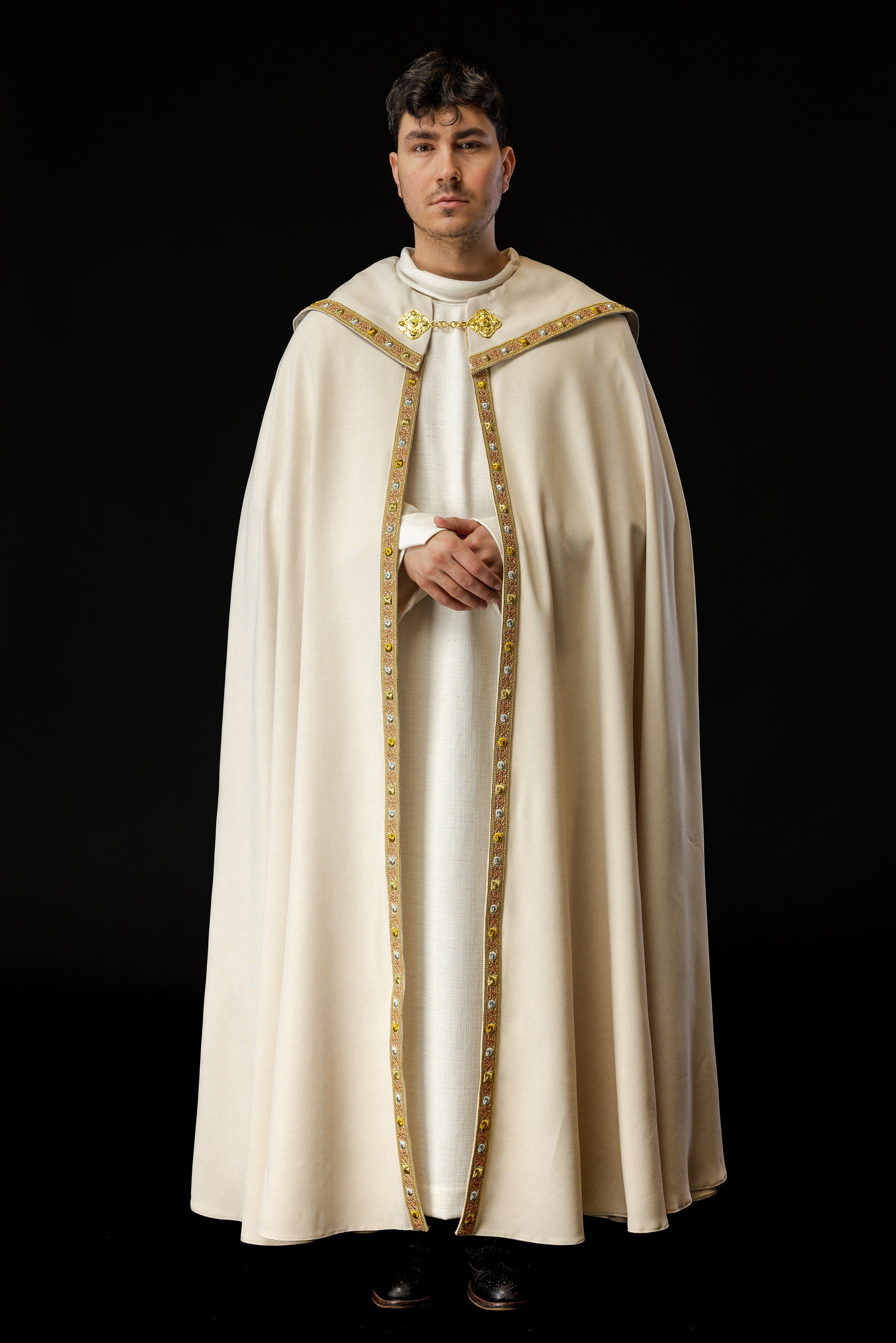 Ecru liturgical cape with gold IHS