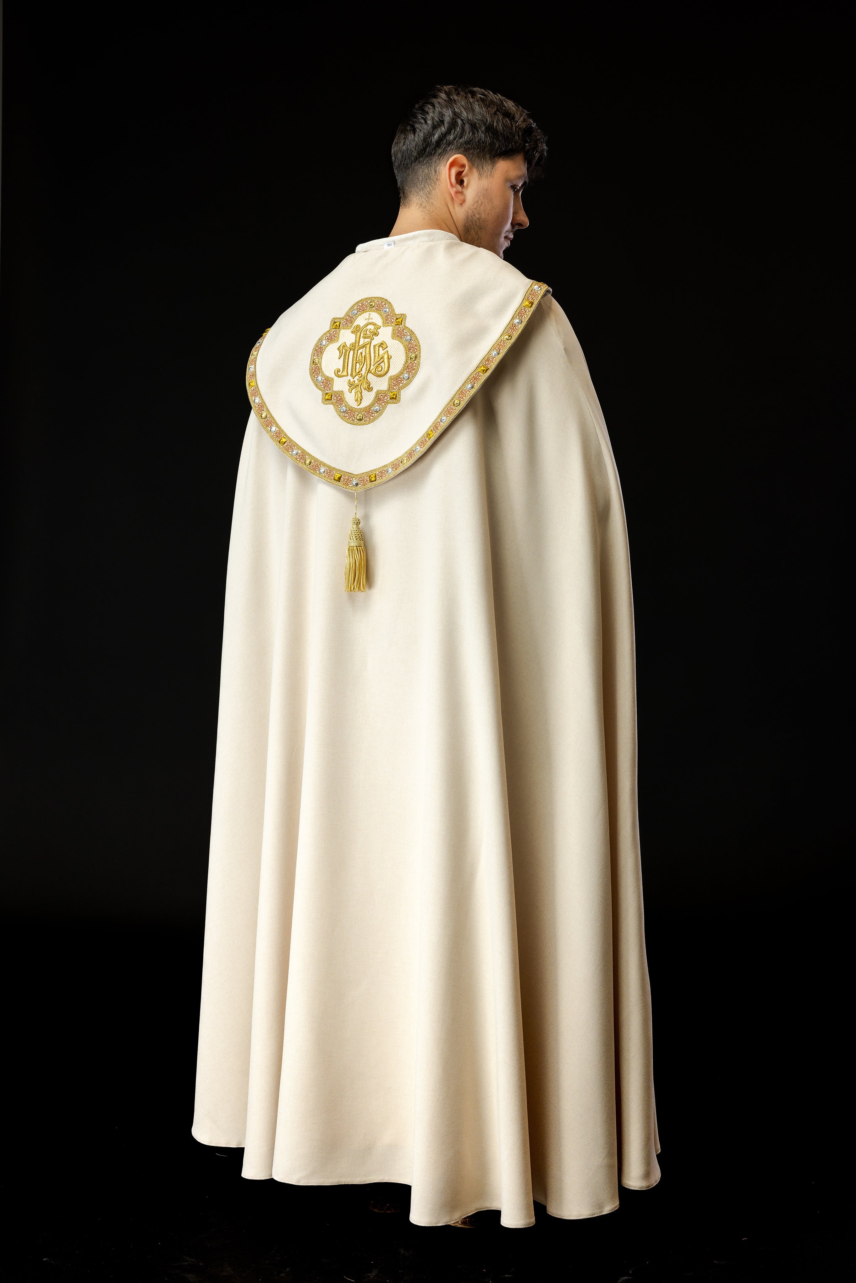 Ecru liturgical cape with gold IHS