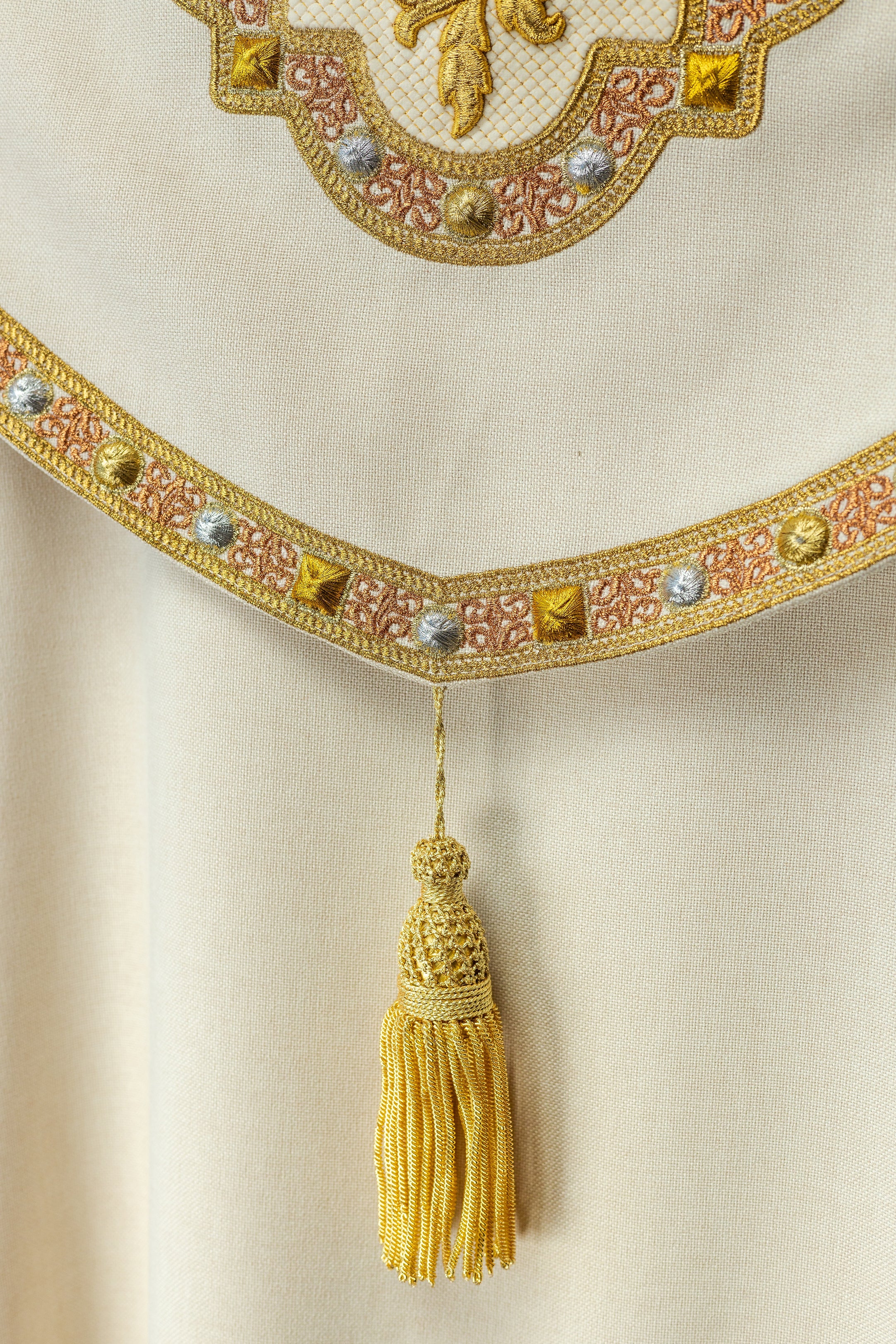 Ecru liturgical cape with gold IHS