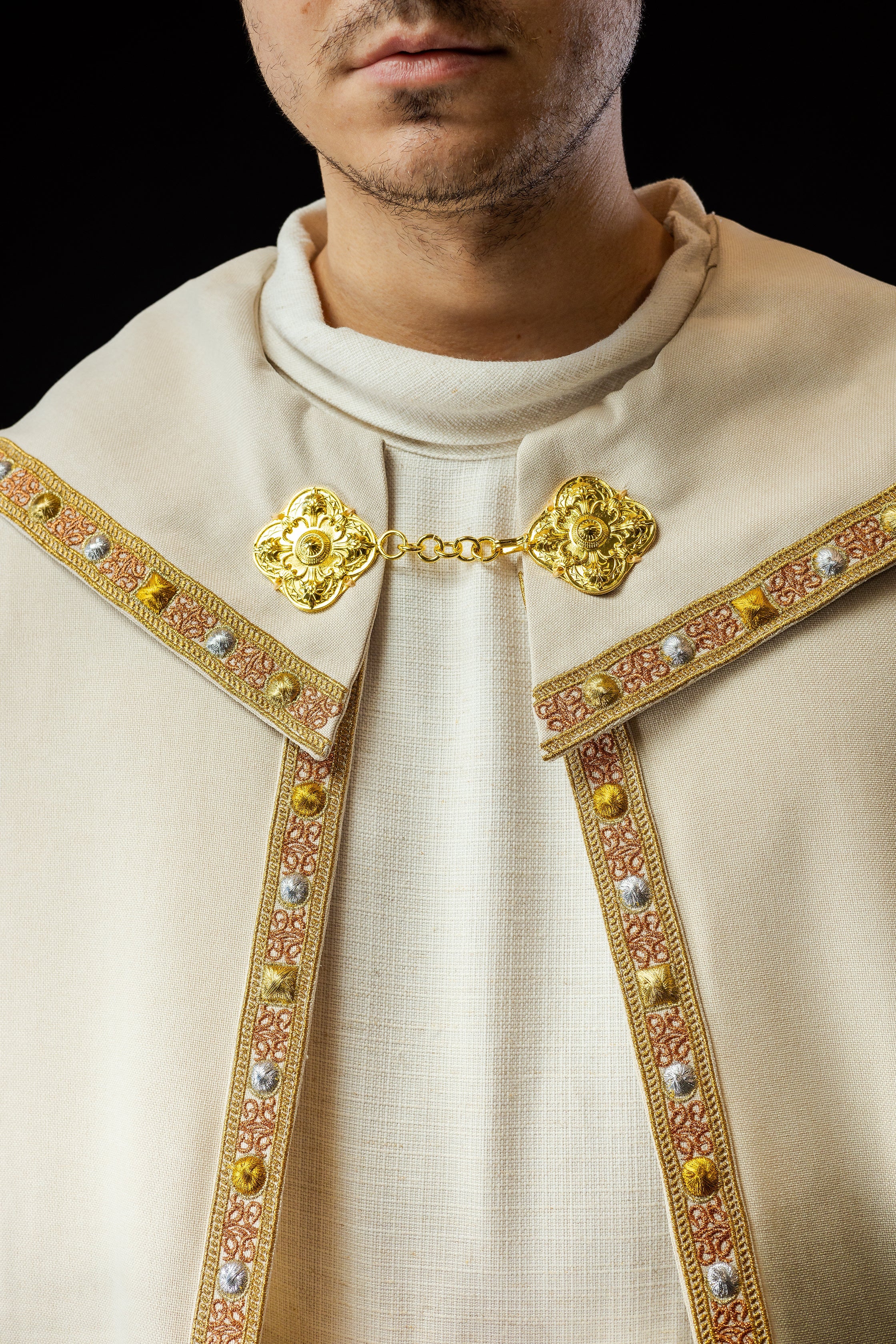 Ecru liturgical cape with gold IHS