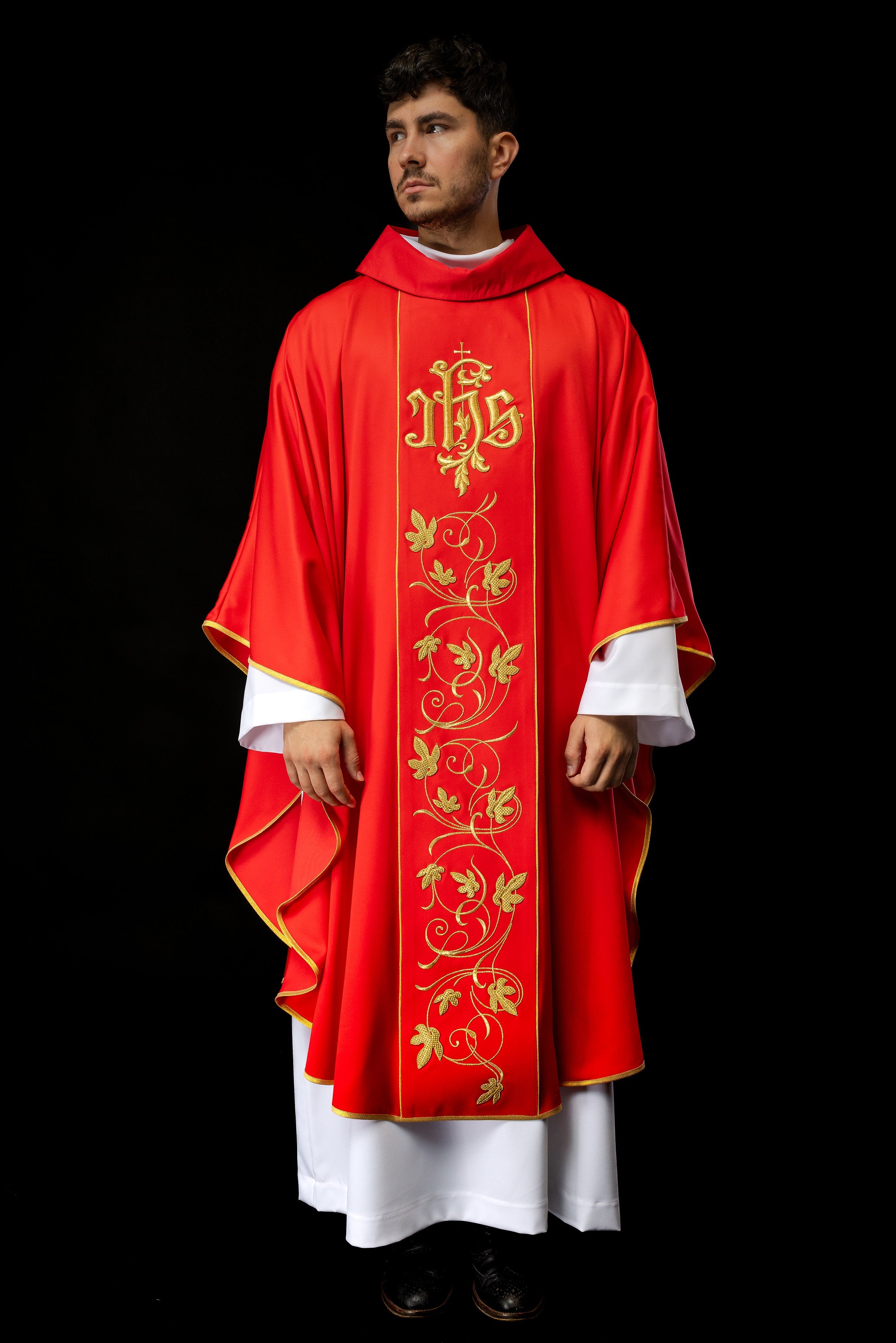 Classic red chasuble with JHS motif embroidery