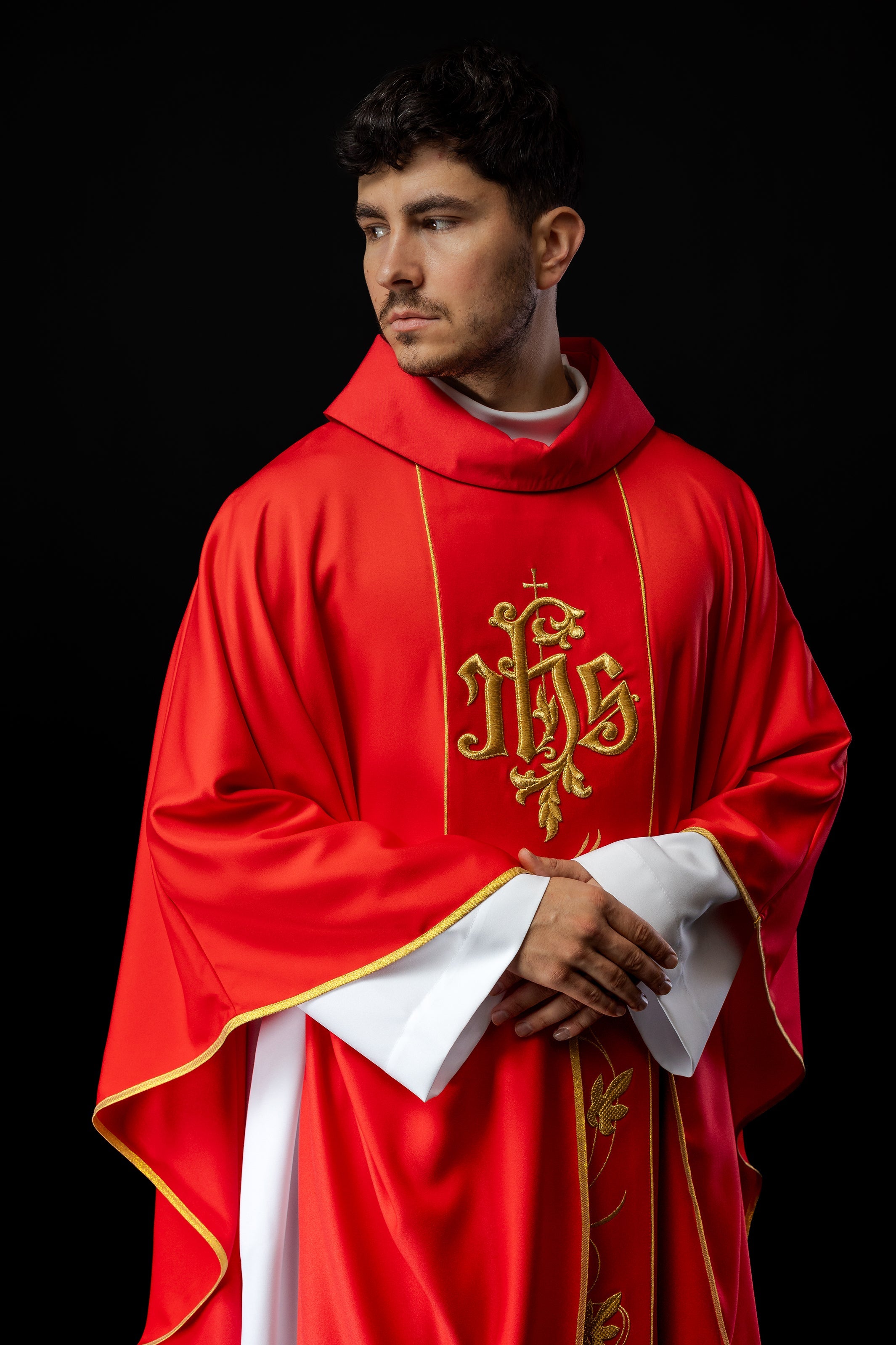 Classic red chasuble with JHS motif embroidery