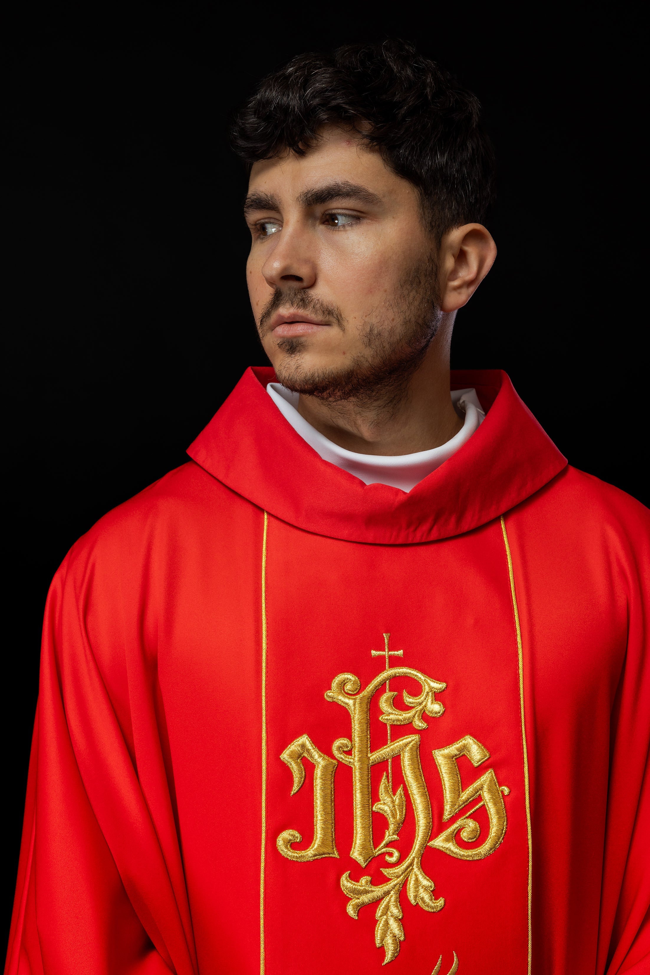 Classic red chasuble with JHS motif embroidery