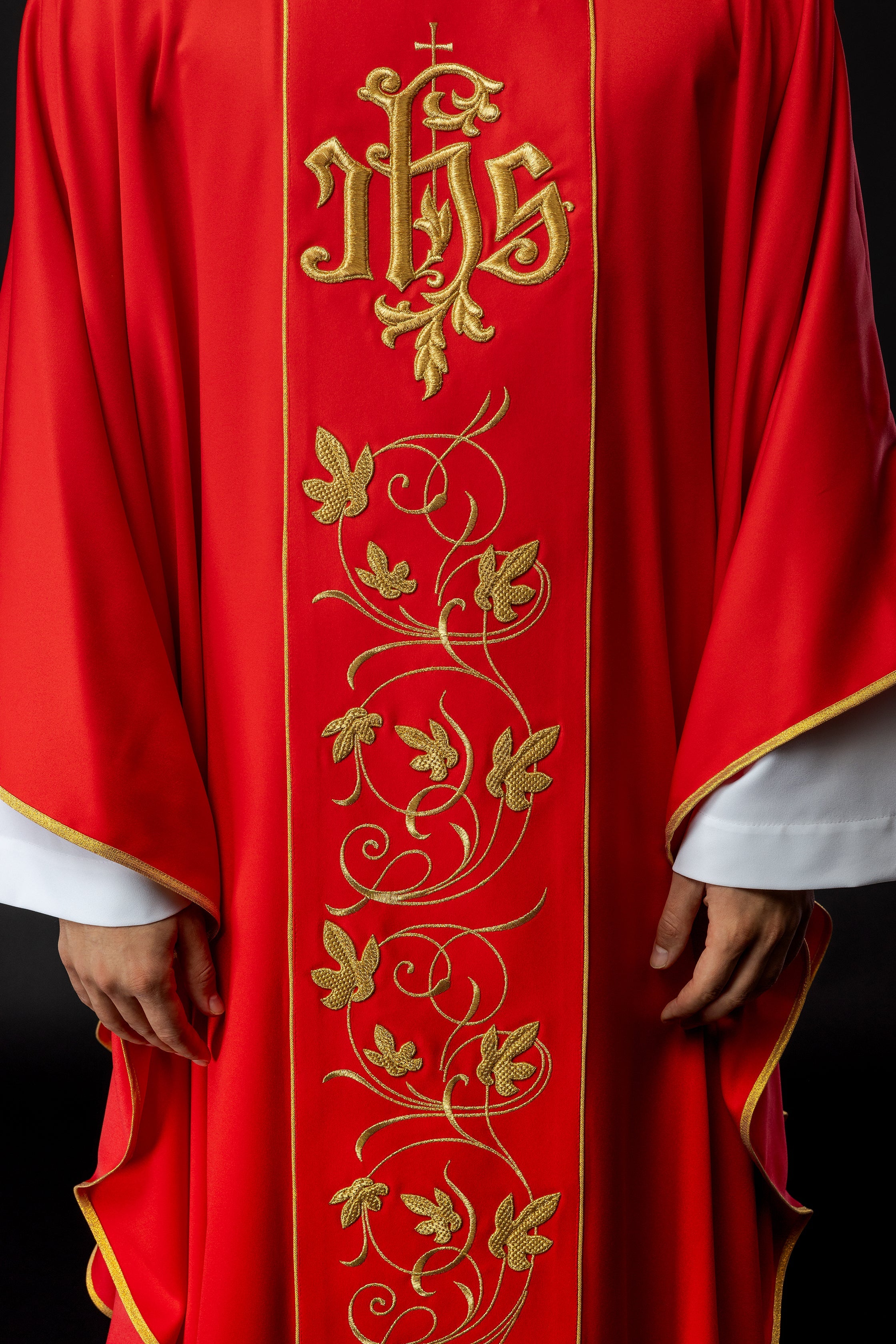 Classic red chasuble with JHS motif embroidery