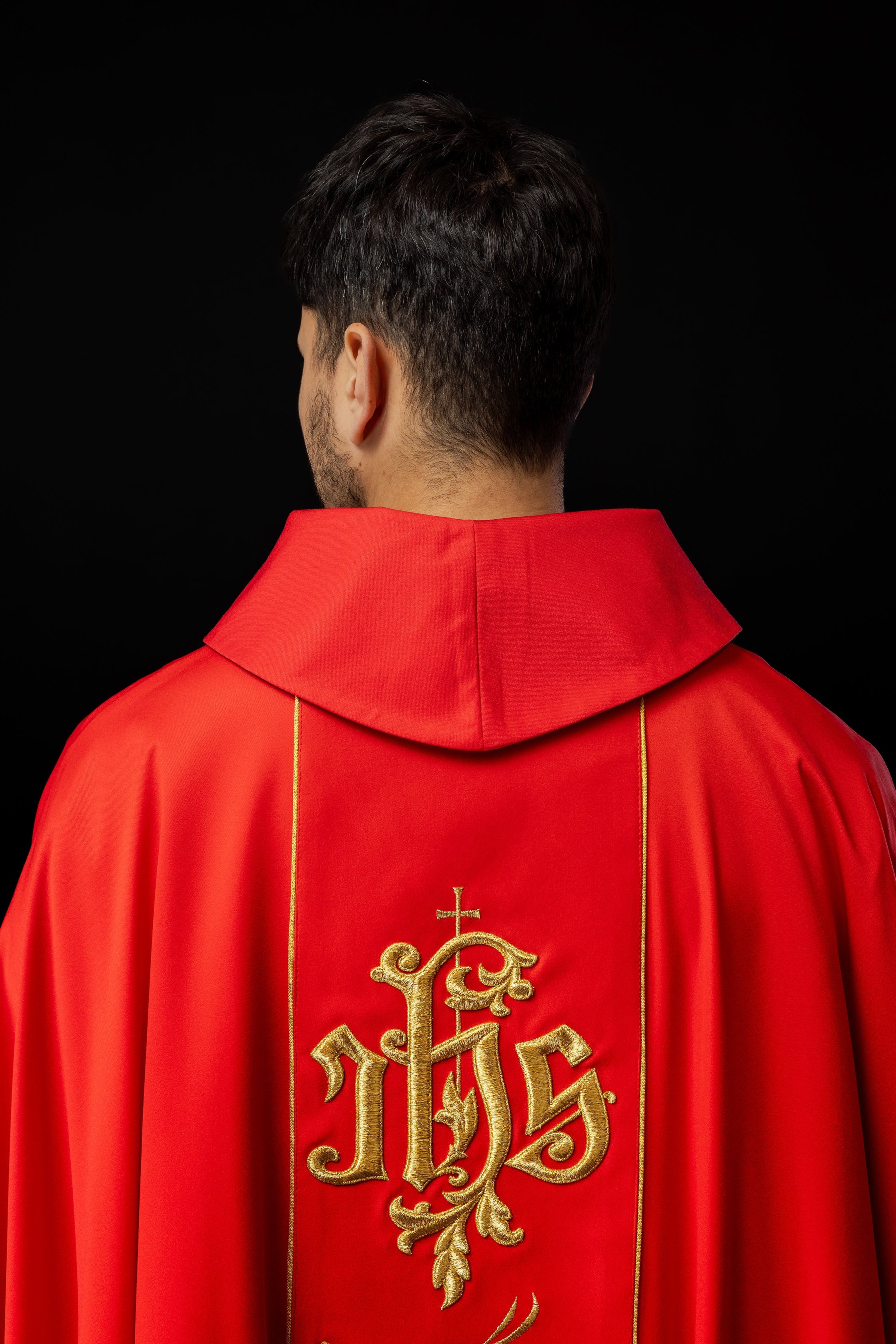 Classic red chasuble with JHS motif embroidery