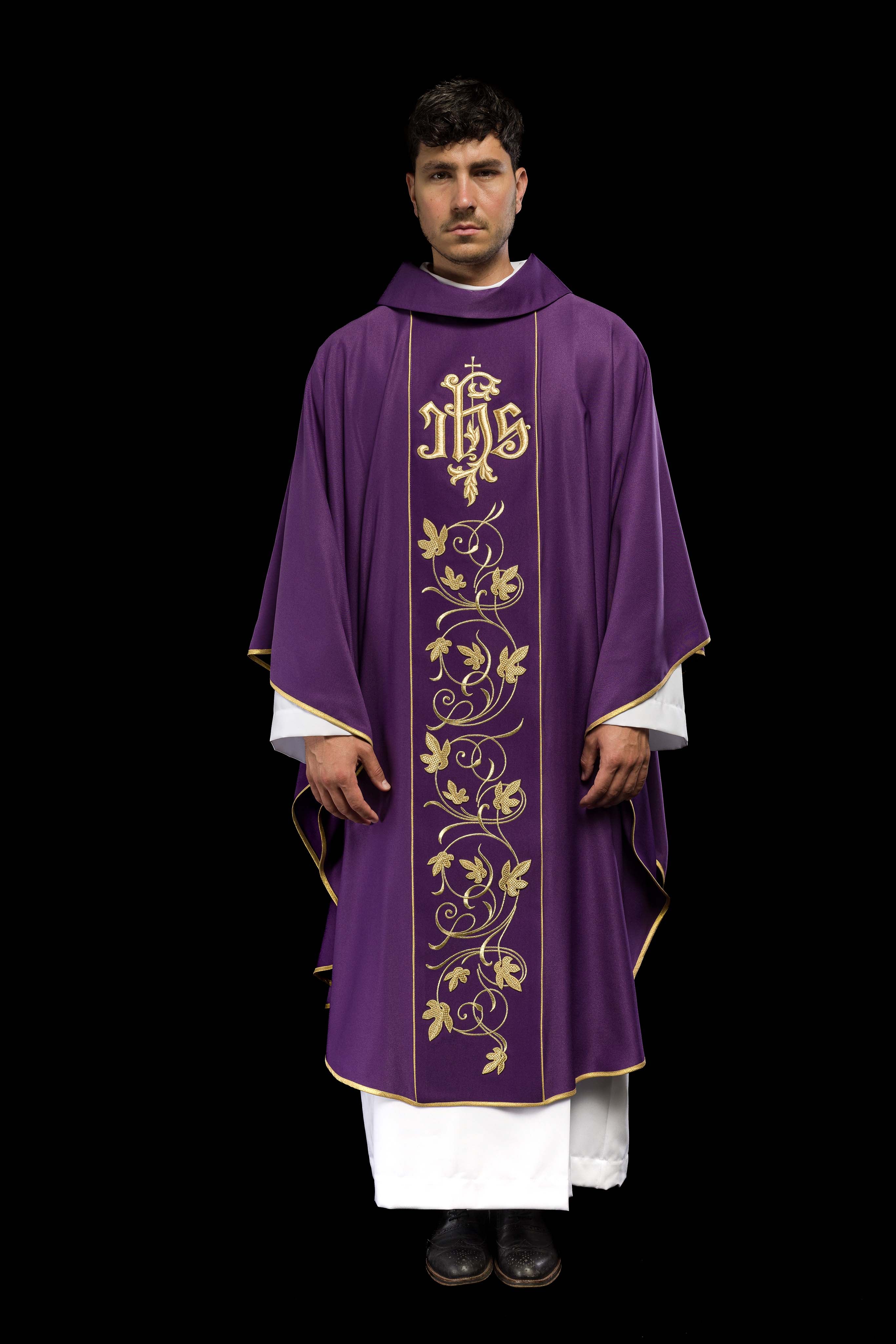 Purple liturgical chasuble with richly decorated belt with floral motif and IHS