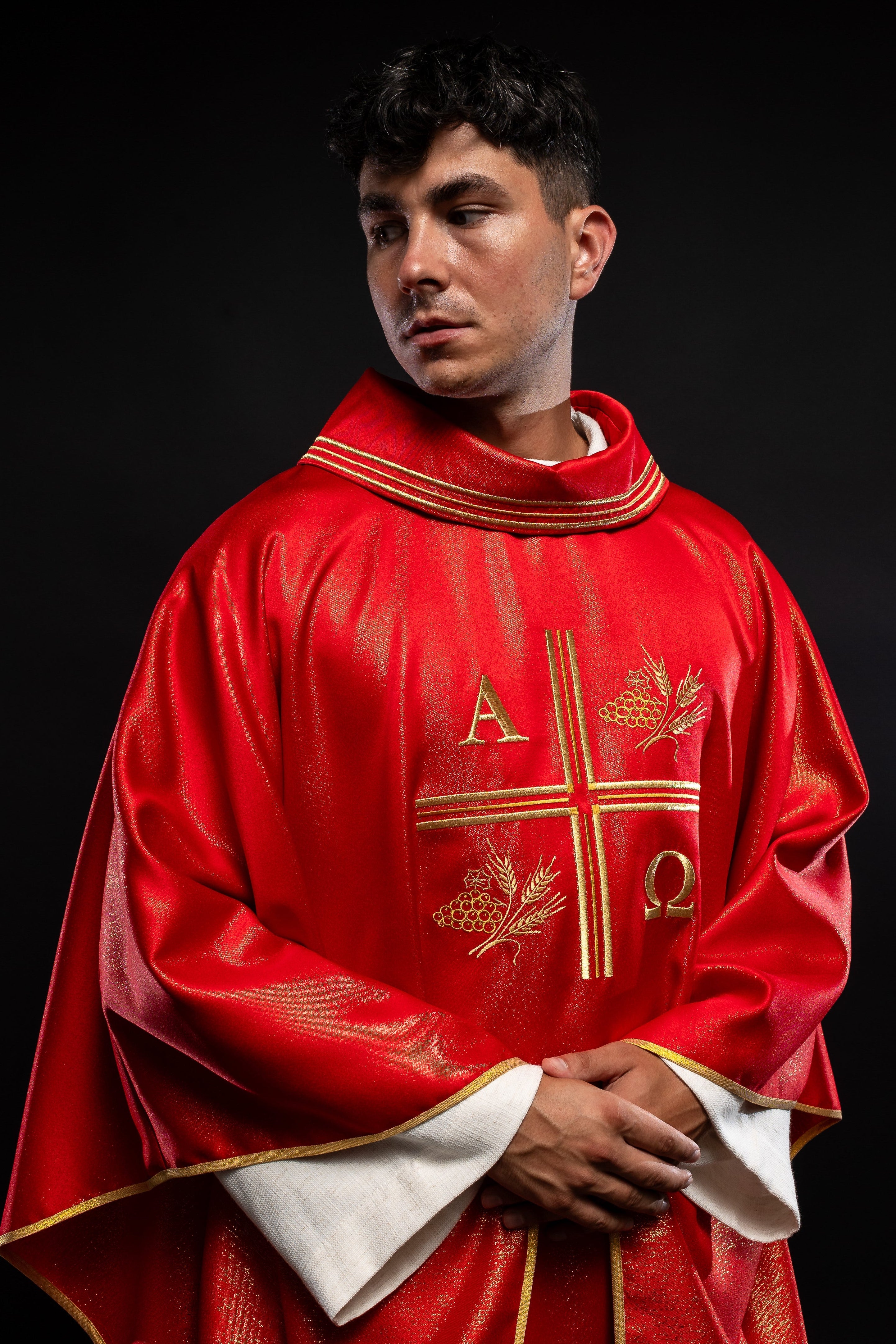 Red chasuble with Alpha and Omega gold embroidery