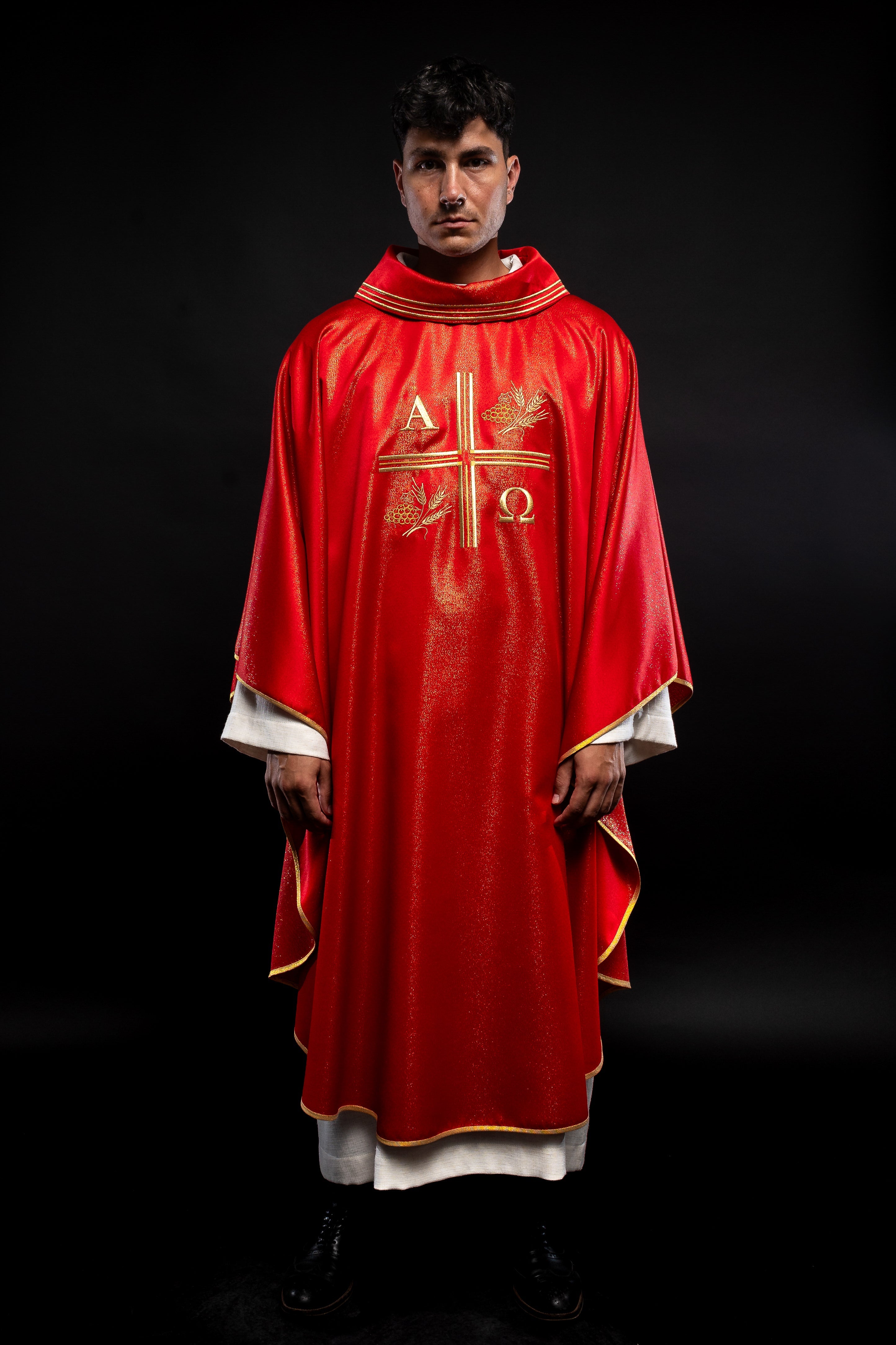 Red chasuble with Alpha and Omega gold embroidery