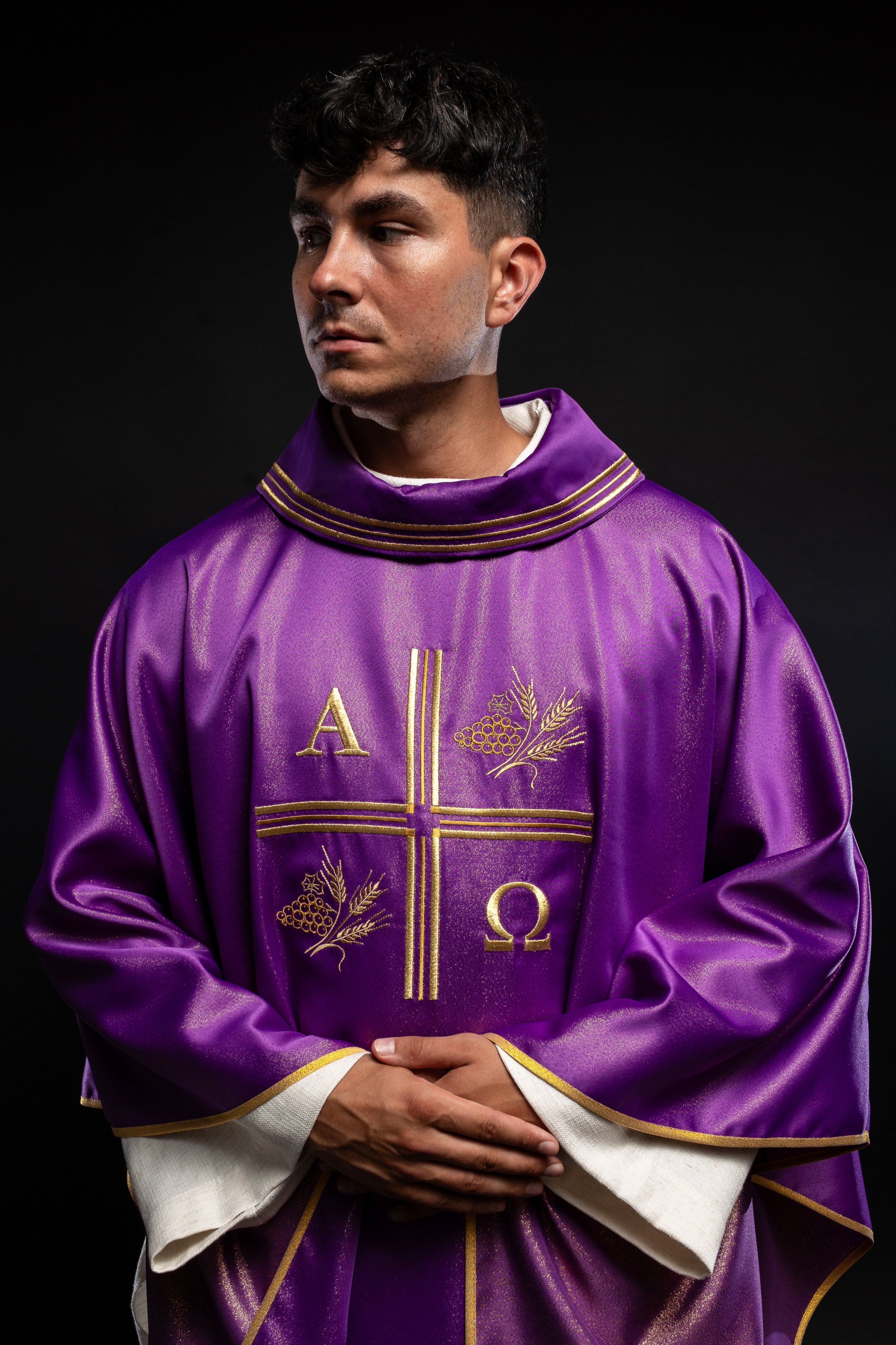 Purple chasuble made of glittery texture with Alpha, Omega, Cross and Wheat motifs