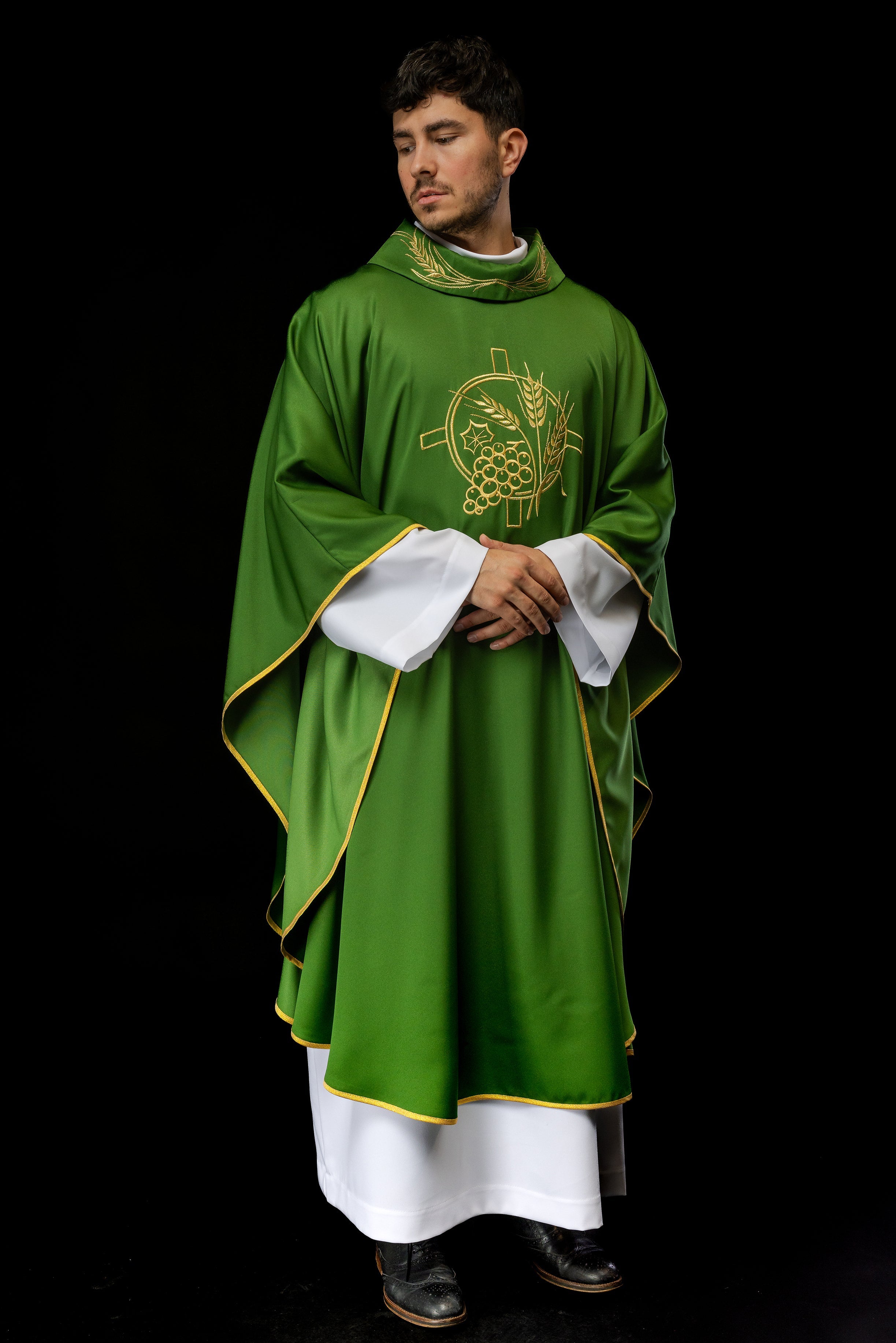 Green chasuble with embroidered collar and cross and wheat motifs