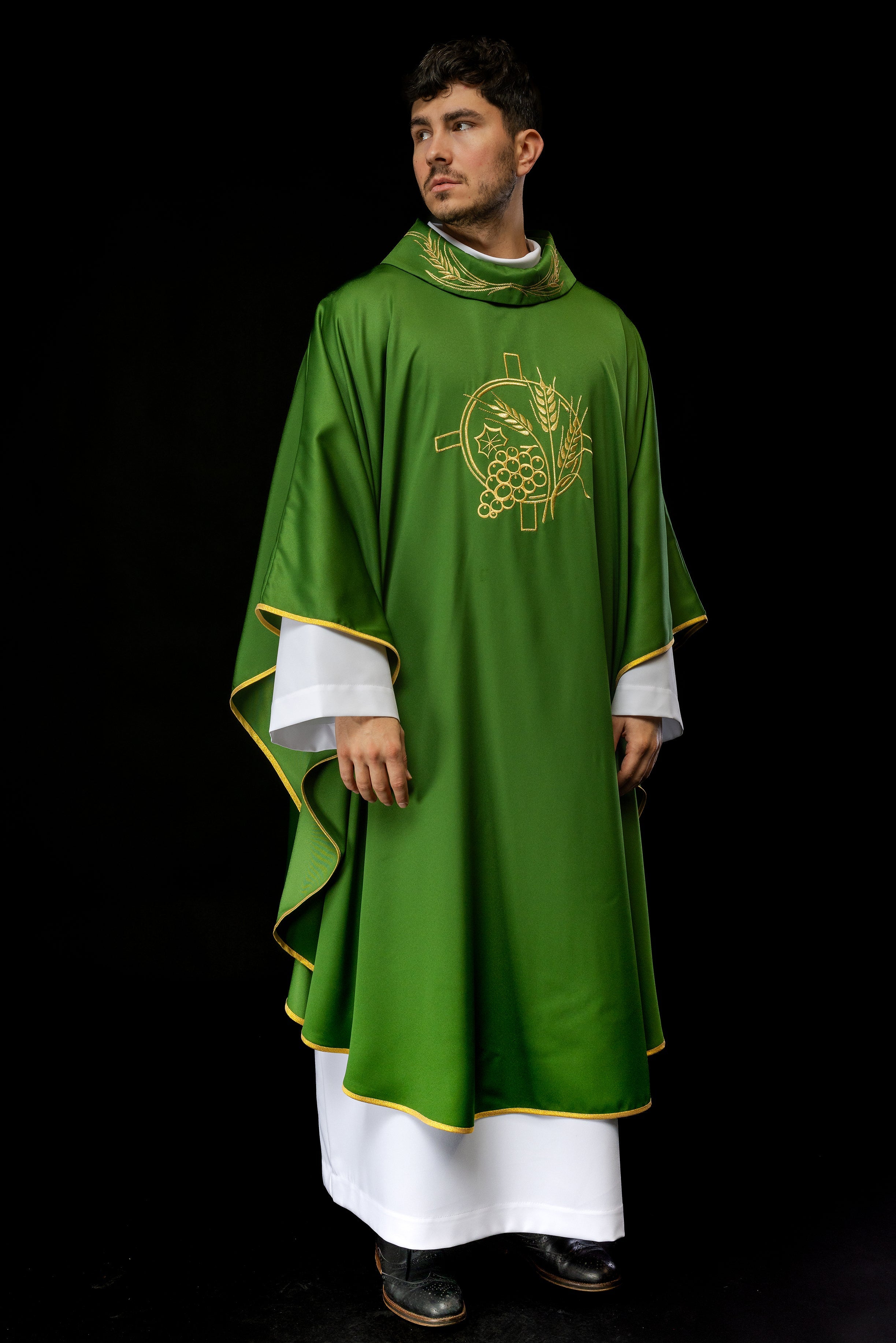 Green chasuble with embroidered collar and cross and wheat motifs