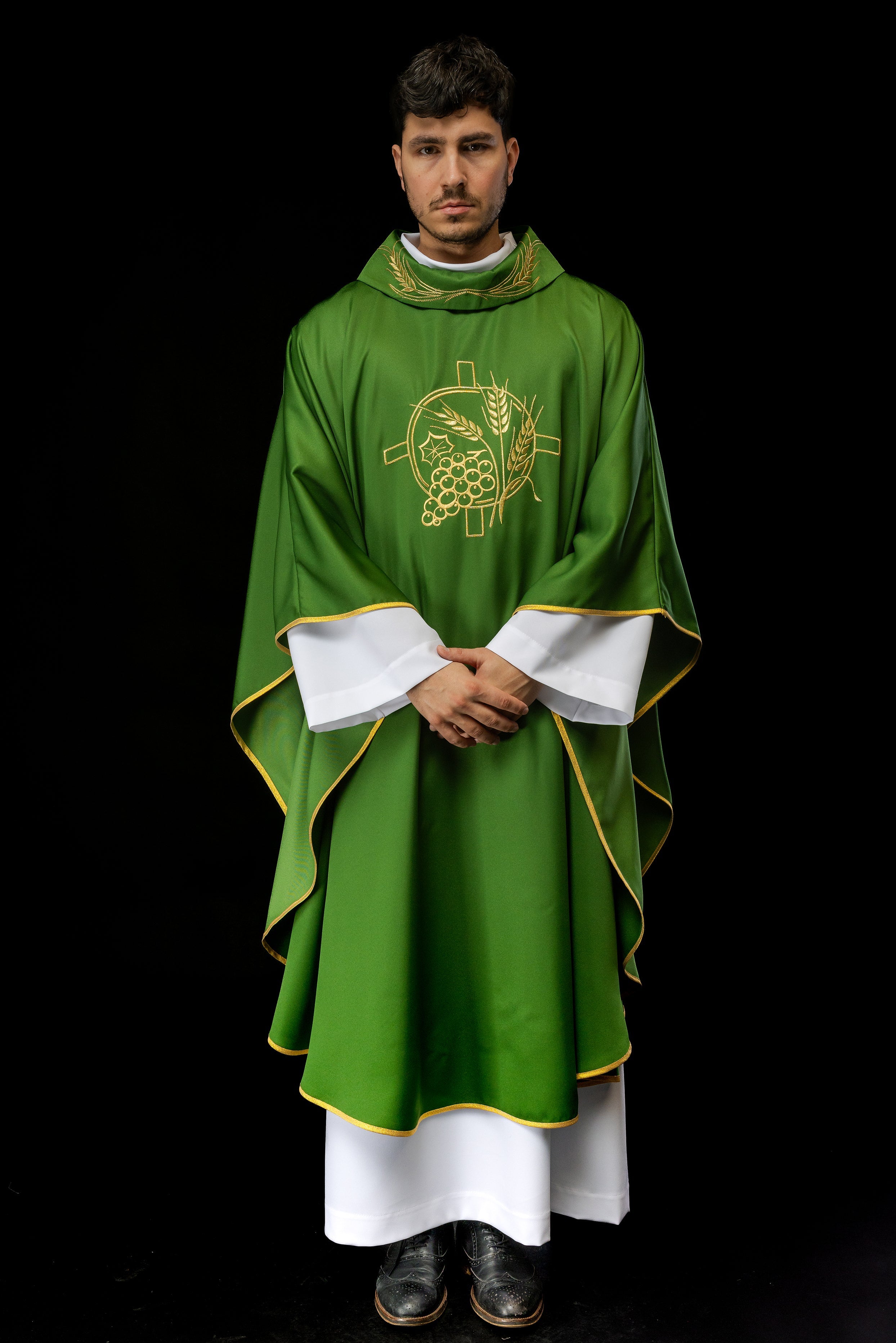 Green chasuble with embroidered collar and cross and wheat motifs