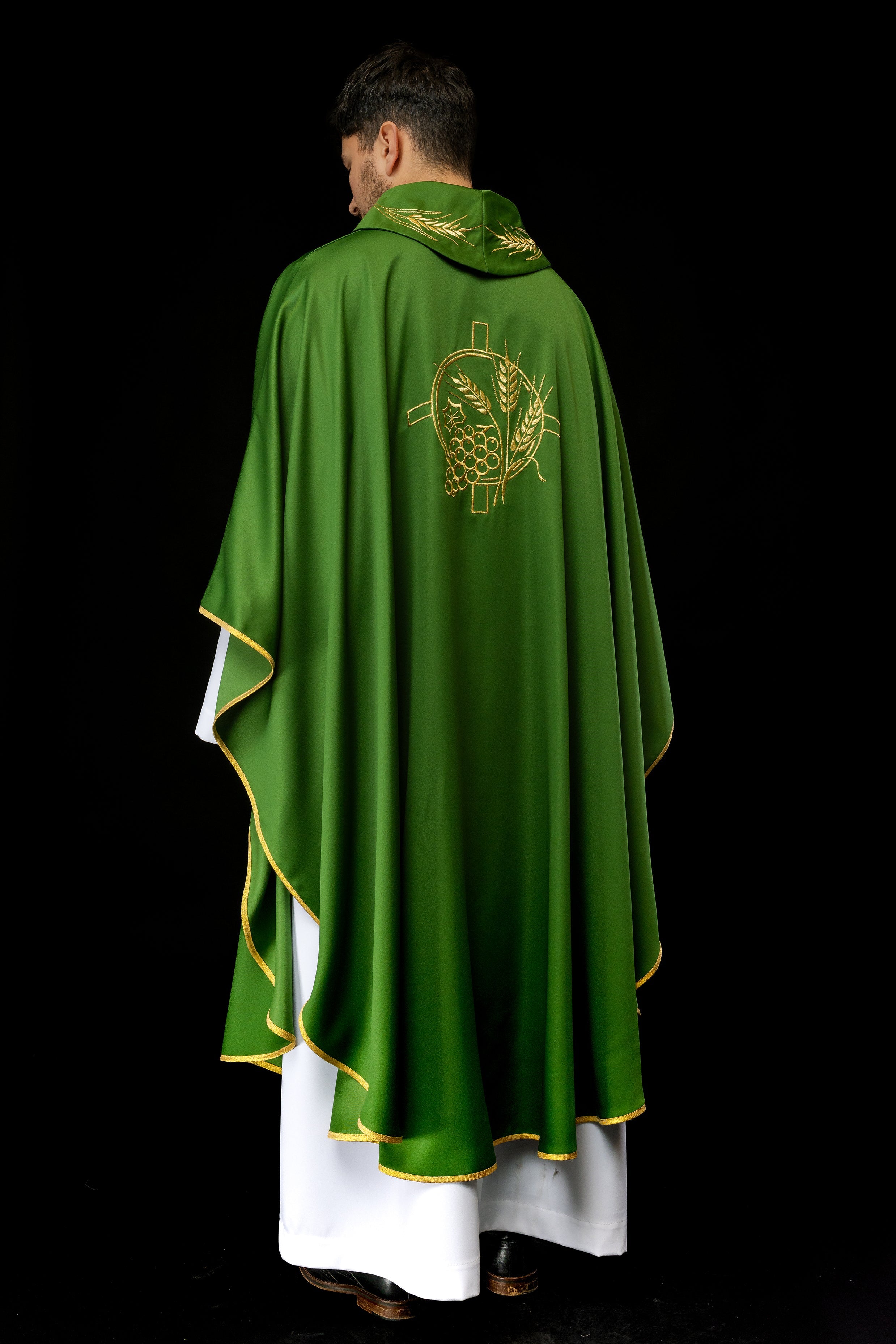 Green chasuble with embroidered collar and cross and wheat motifs