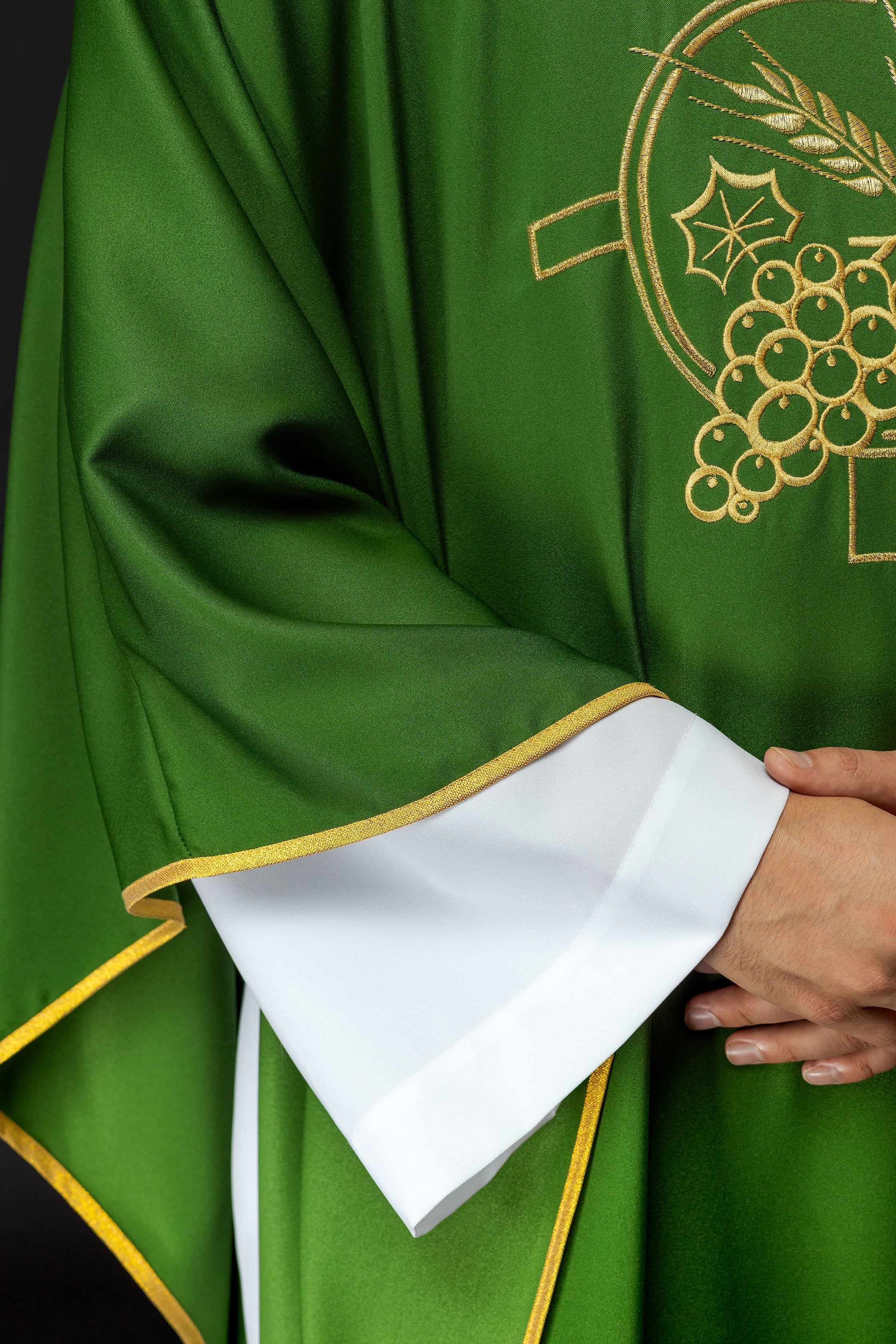 Green chasuble with embroidered collar and cross and wheat motifs