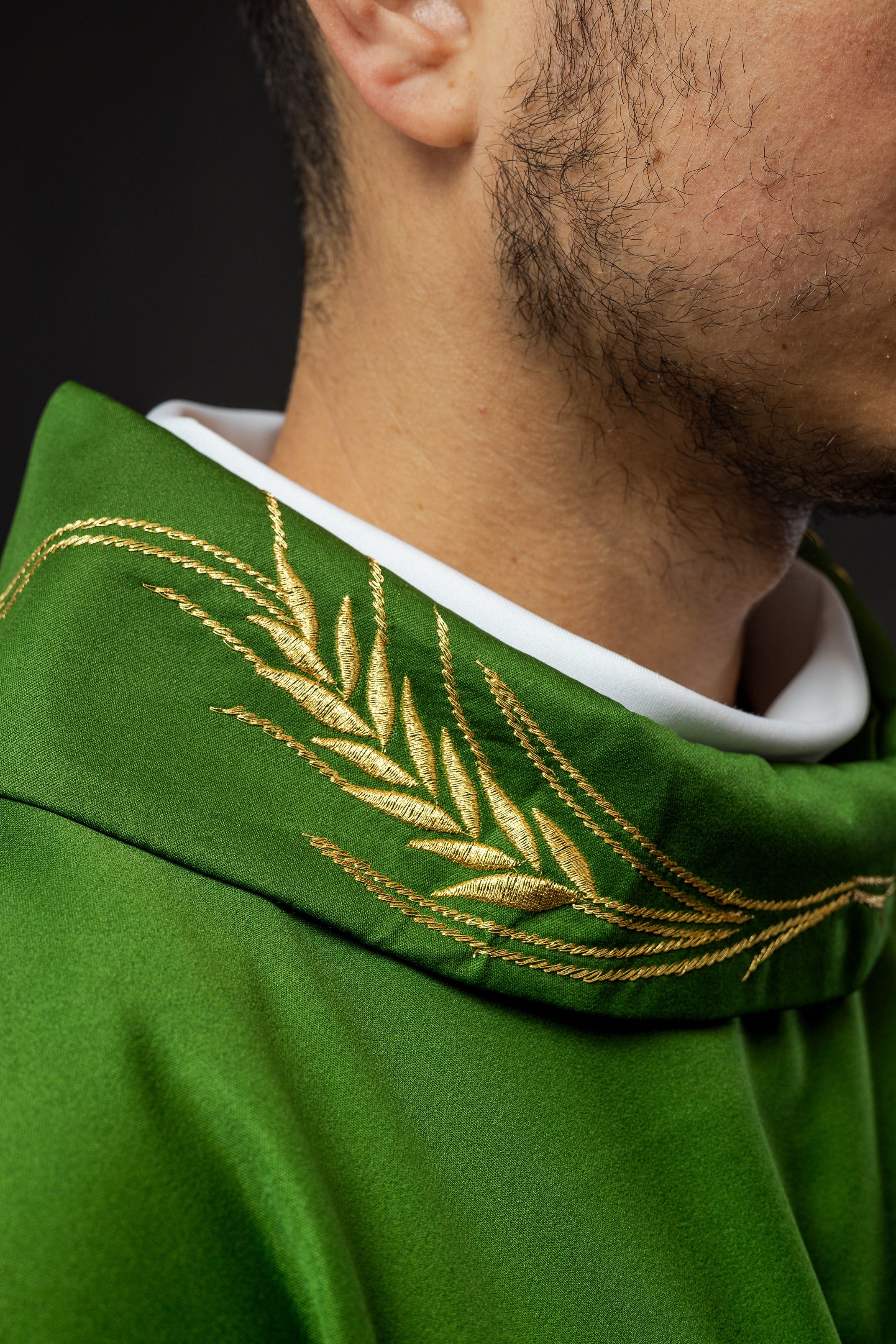 Green chasuble with embroidered collar and cross and wheat motifs