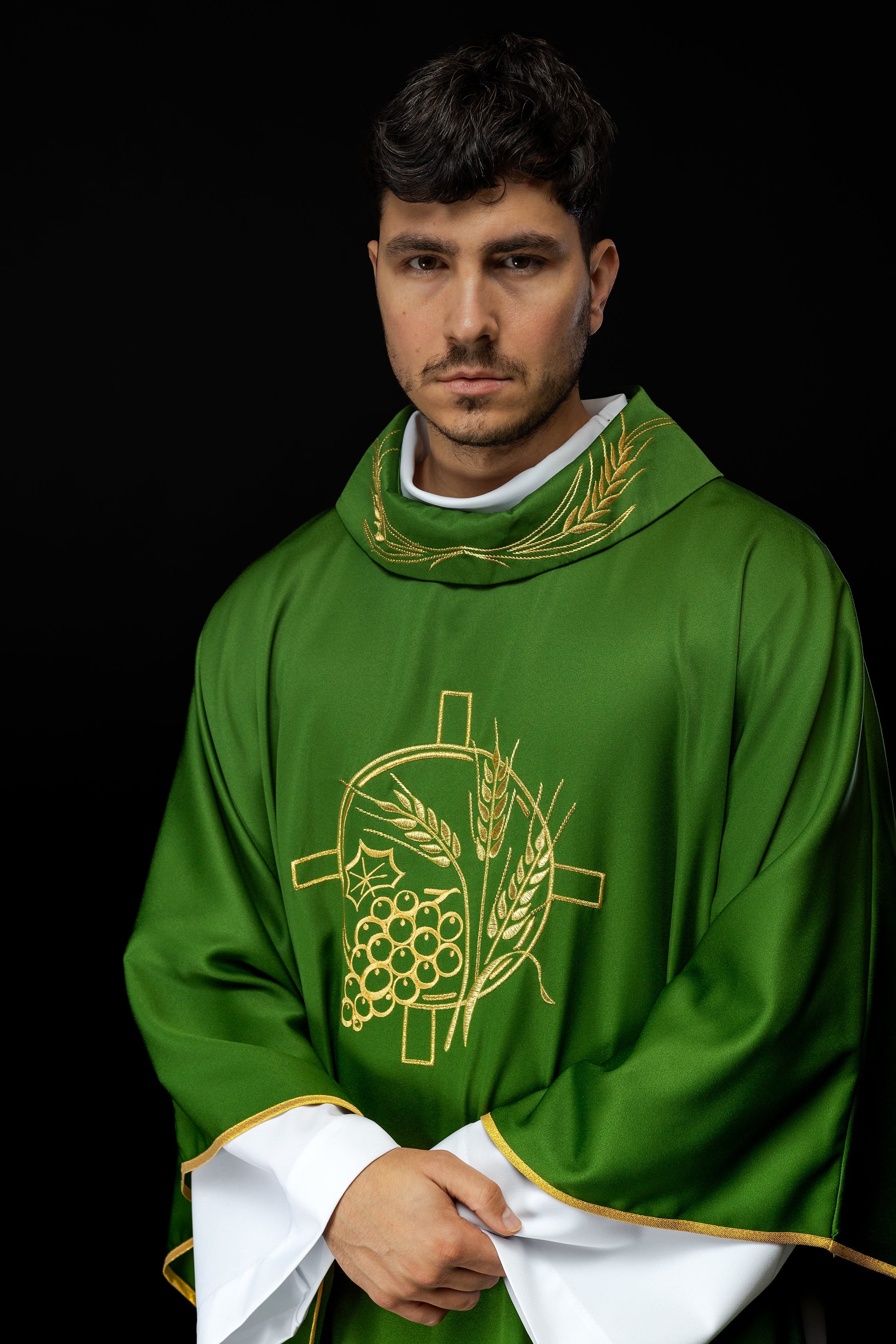 Green chasuble with embroidered collar and cross and wheat motifs