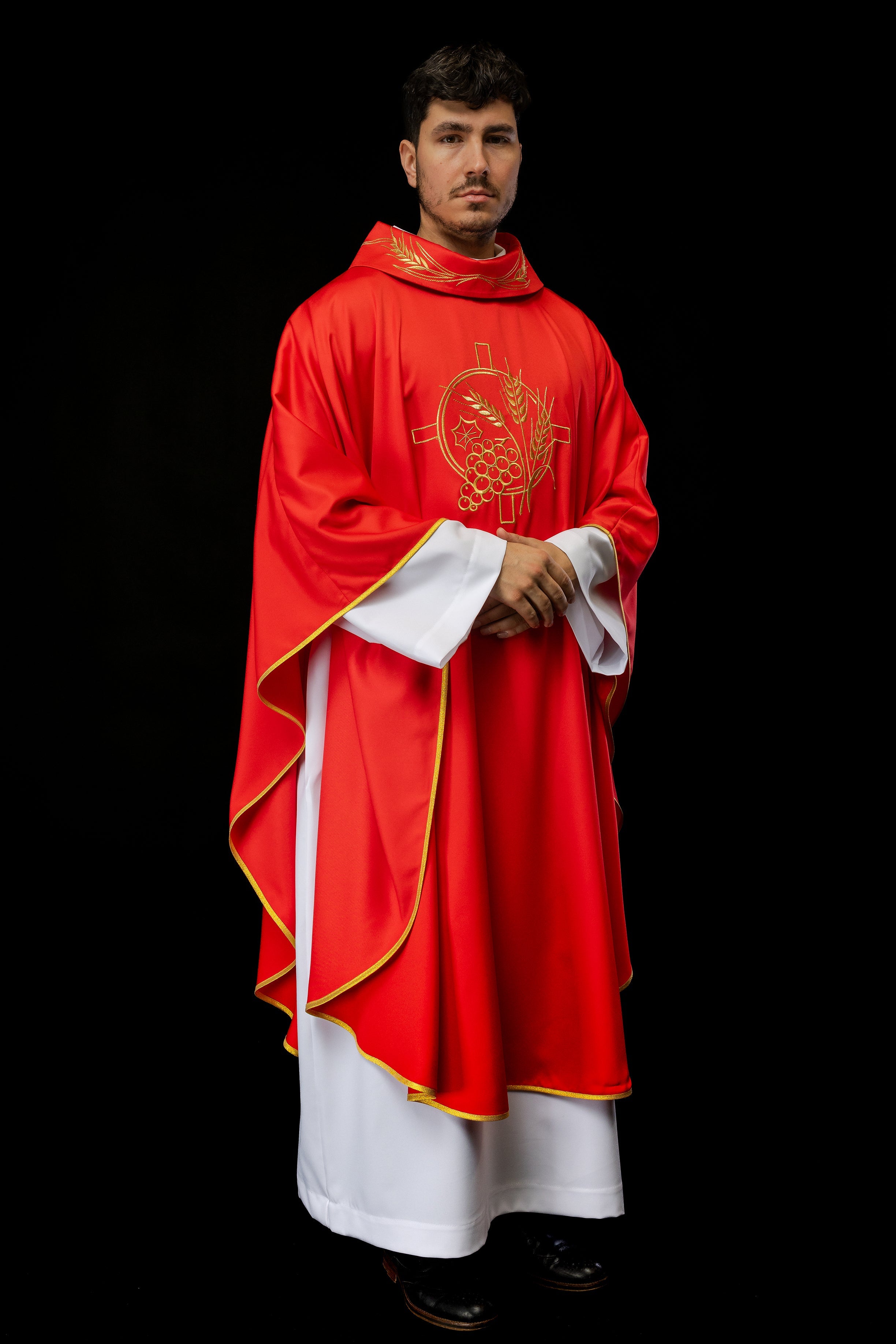 Monastic chasuble in red with embroidered collar and wheat symbol