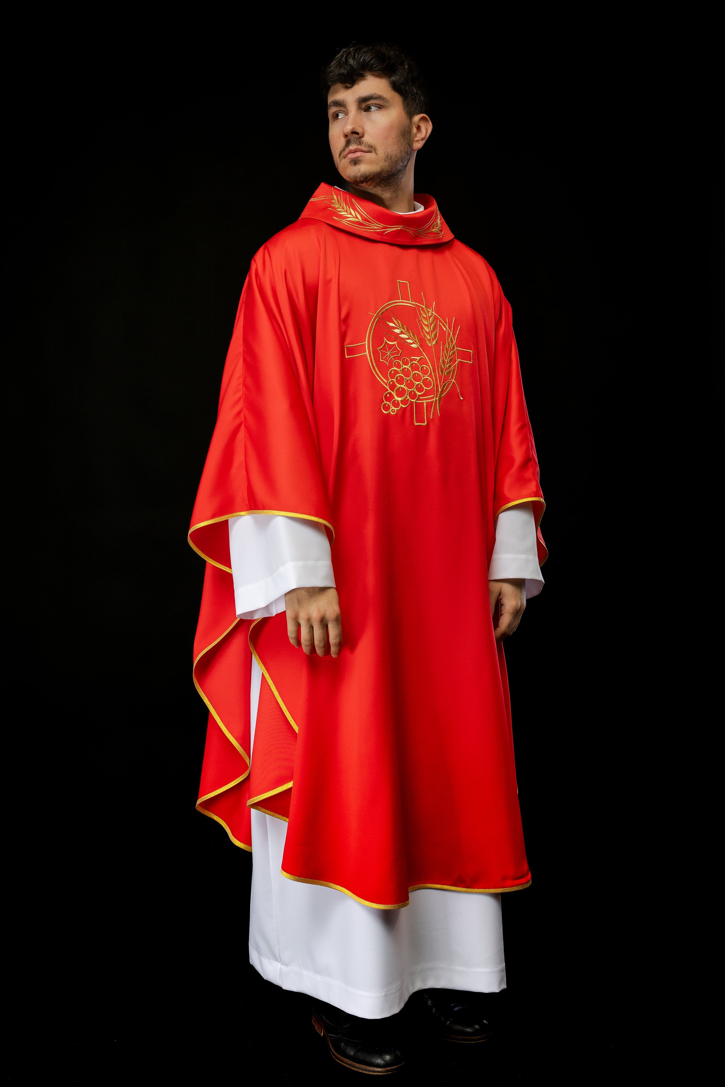 Monastic chasuble in red with embroidered collar and wheat symbol