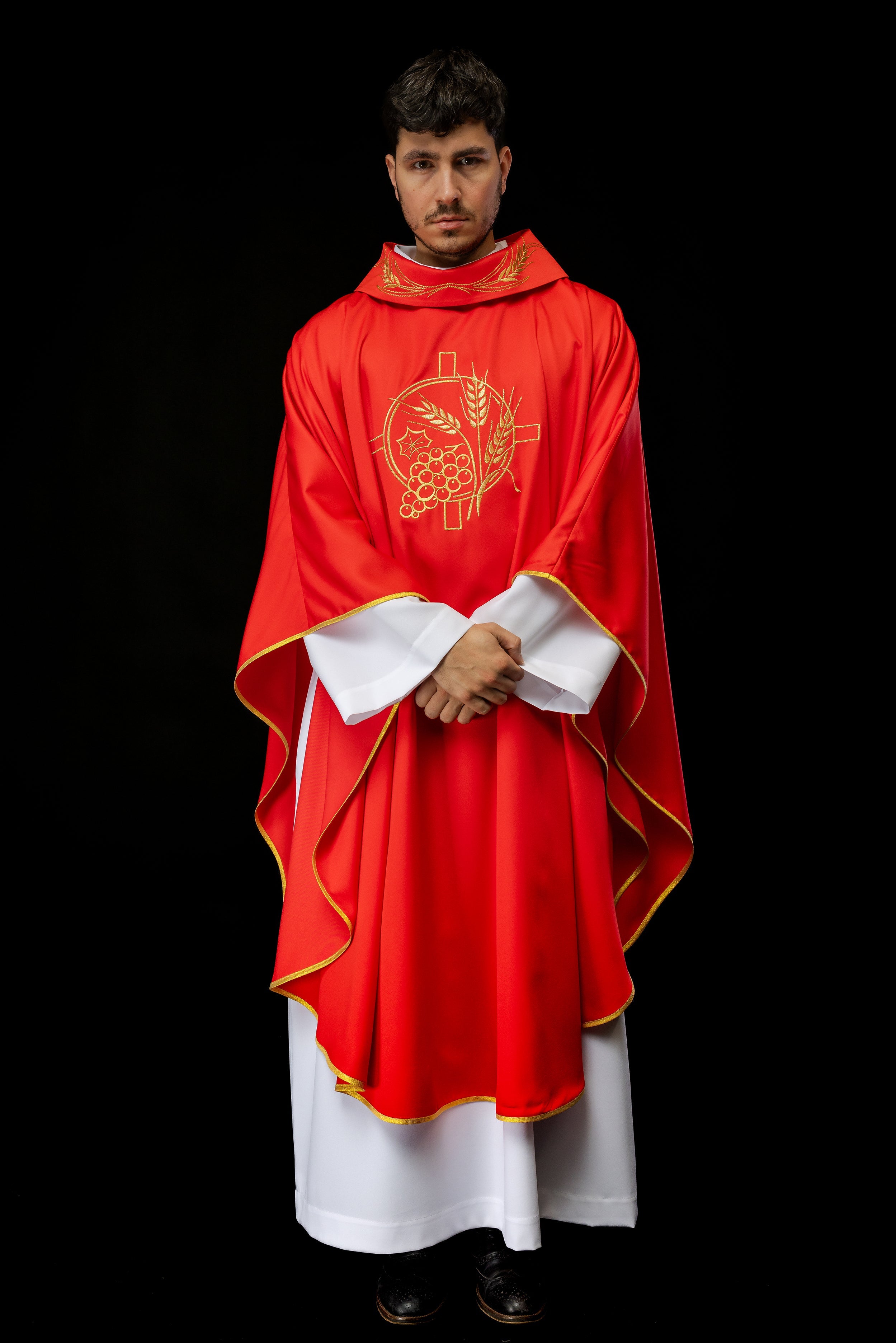 Monastic chasuble in red with embroidered collar and wheat symbol