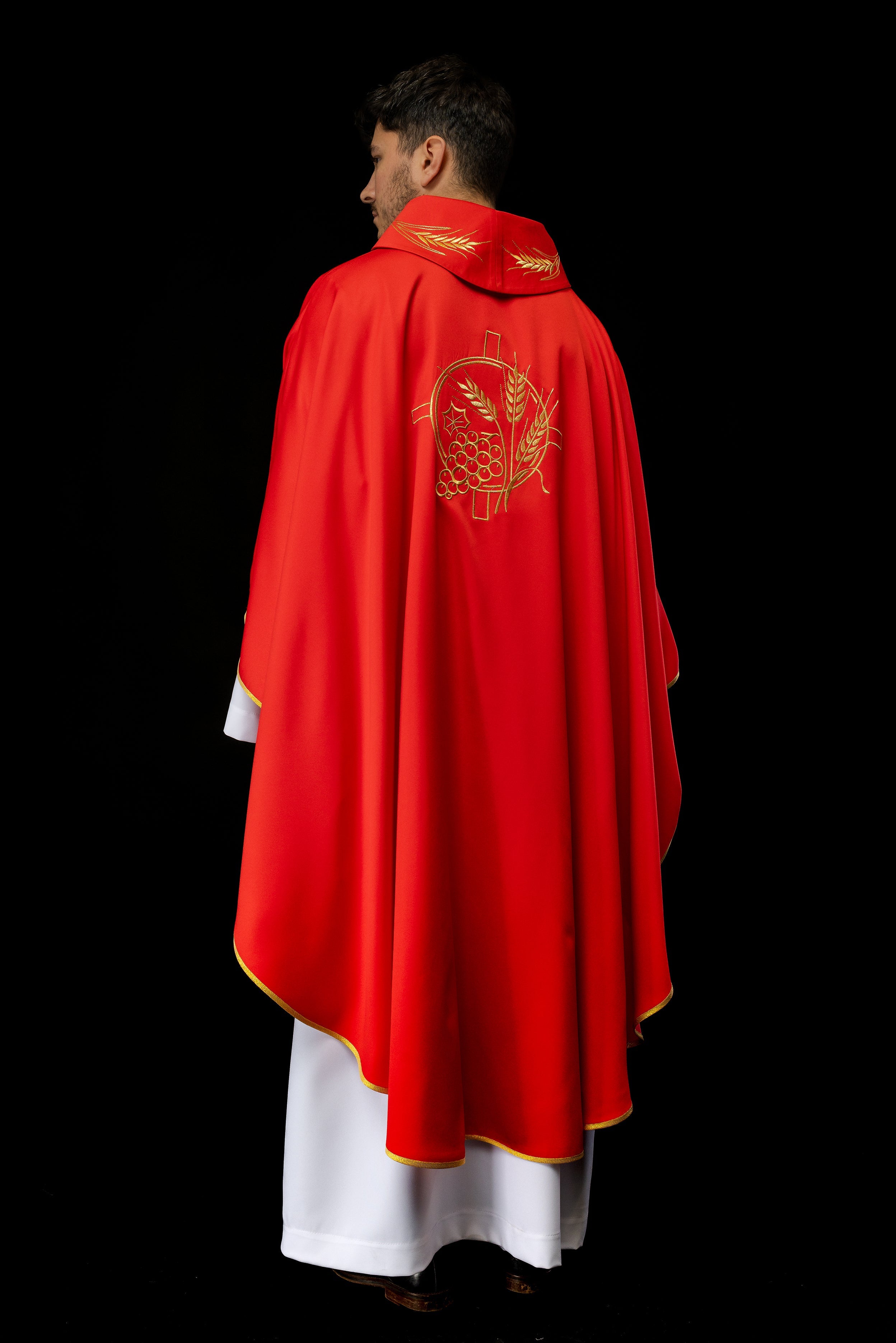 Monastic chasuble in red with embroidered collar and wheat symbol