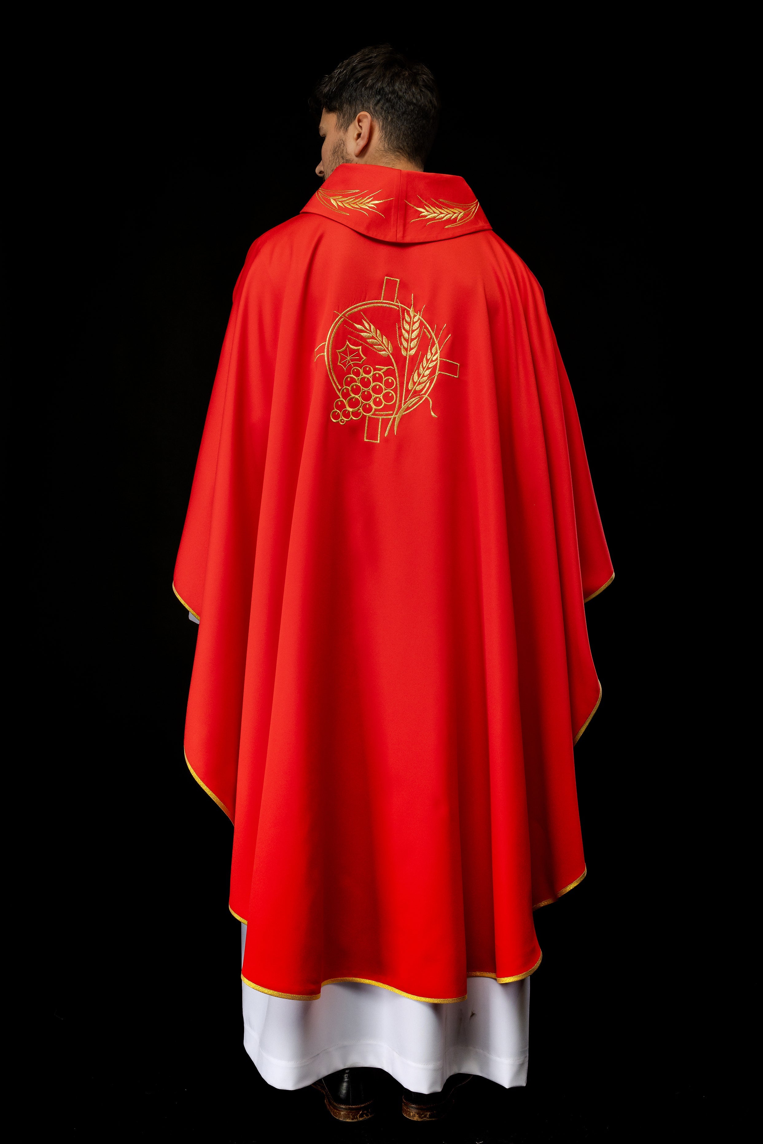 Monastic chasuble in red with embroidered collar and wheat symbol