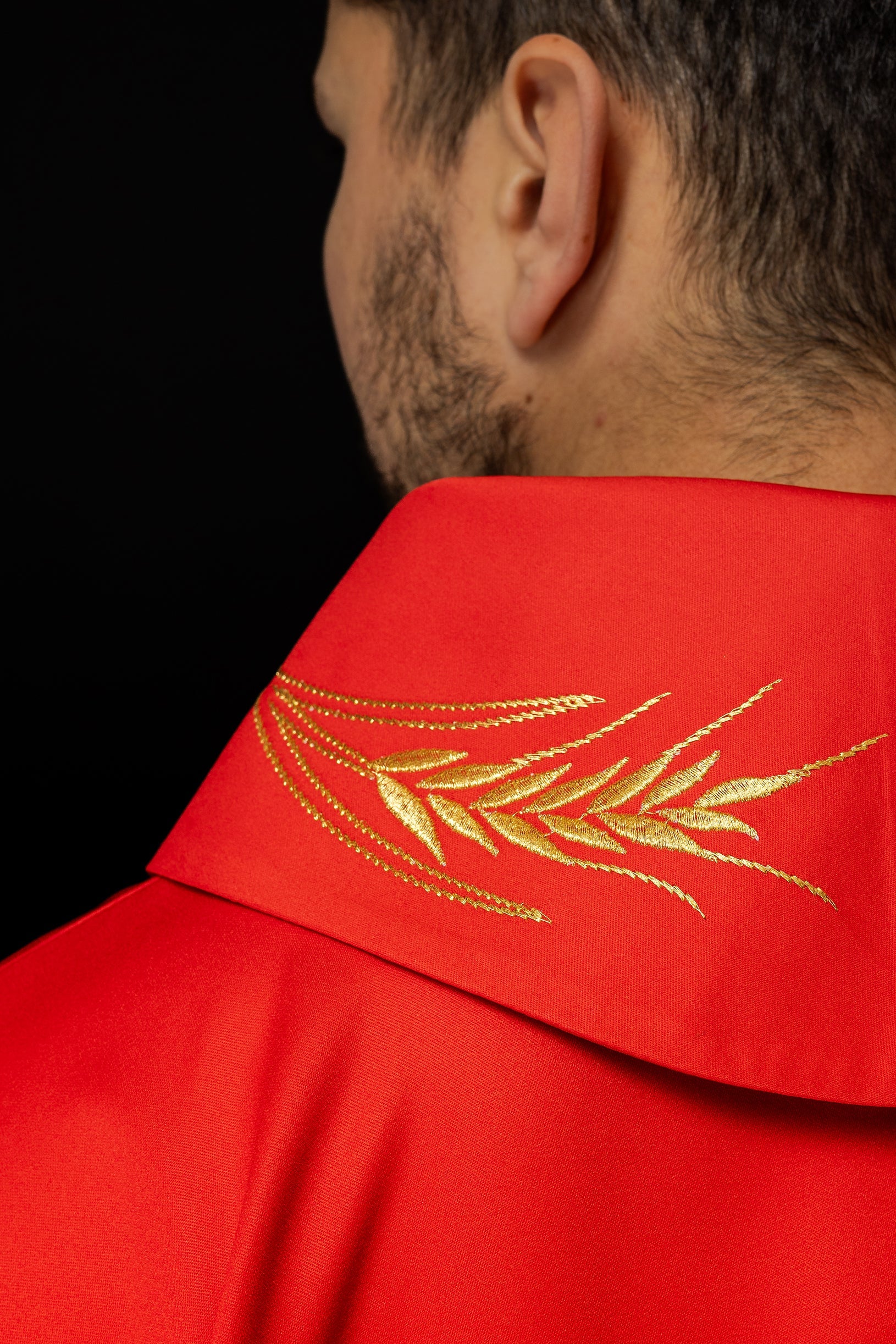 Monastic chasuble in red with embroidered collar and wheat symbol