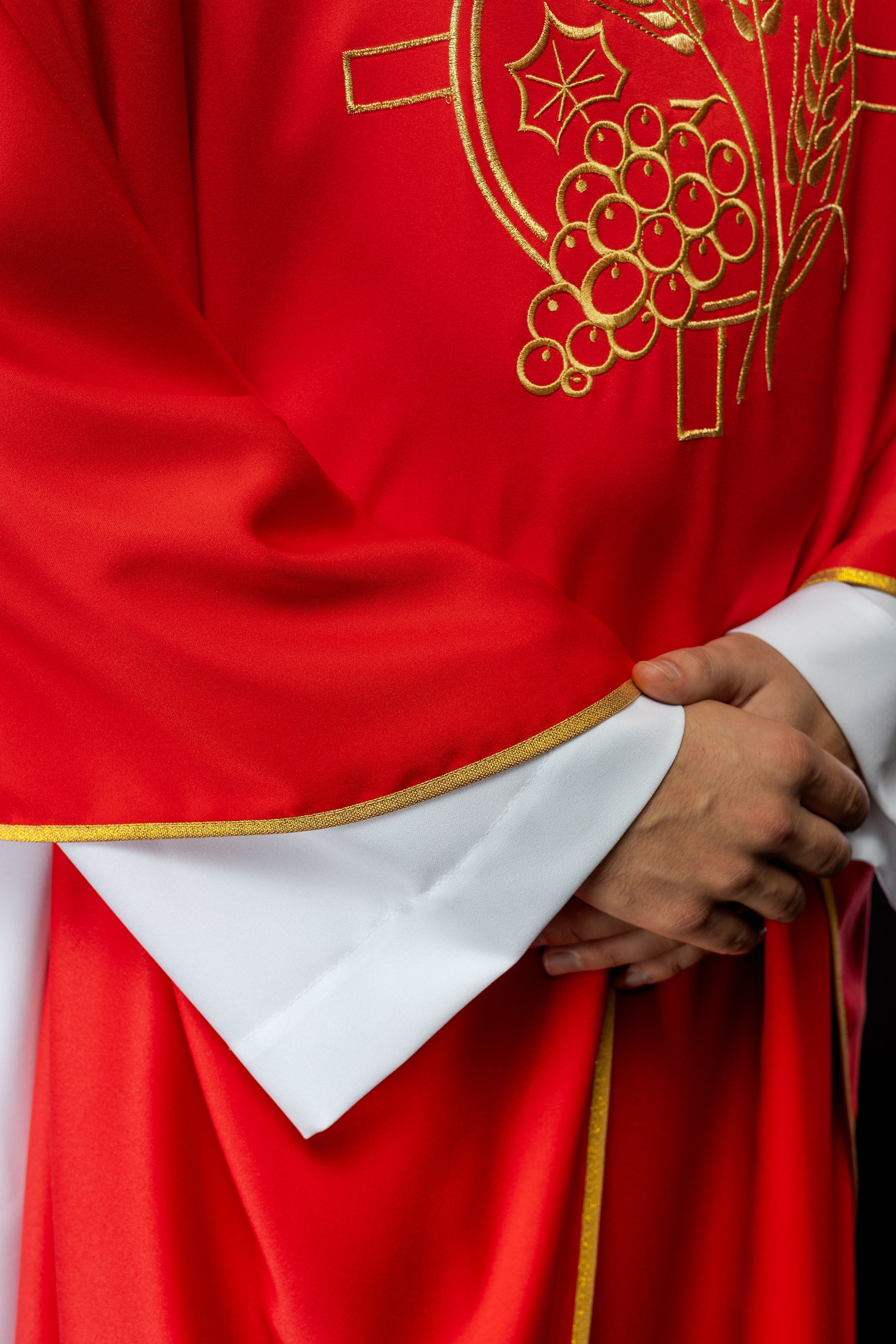 Monastic chasuble in red with embroidered collar and wheat symbol