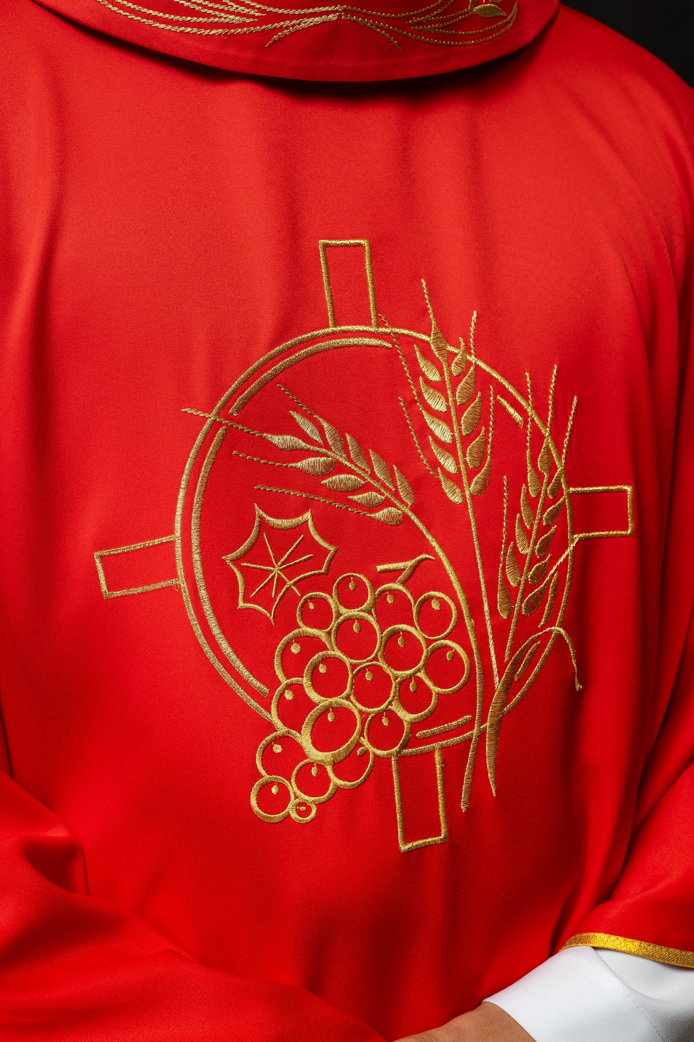 Monastic chasuble in red with embroidered collar and wheat symbol