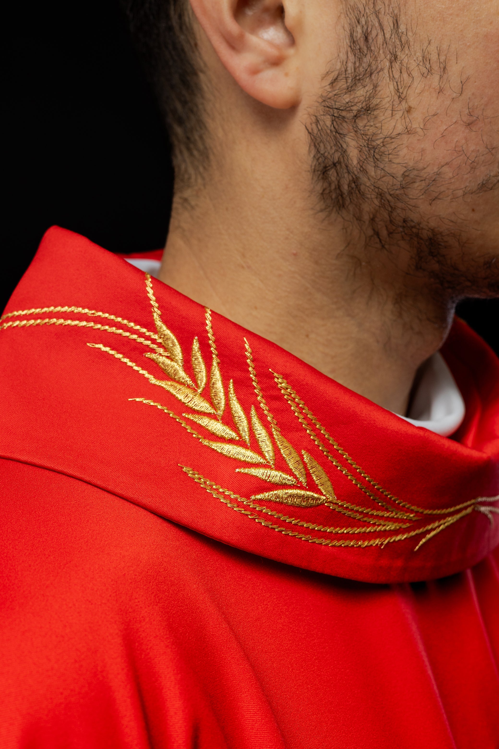 Monastic chasuble in red with embroidered collar and wheat symbol