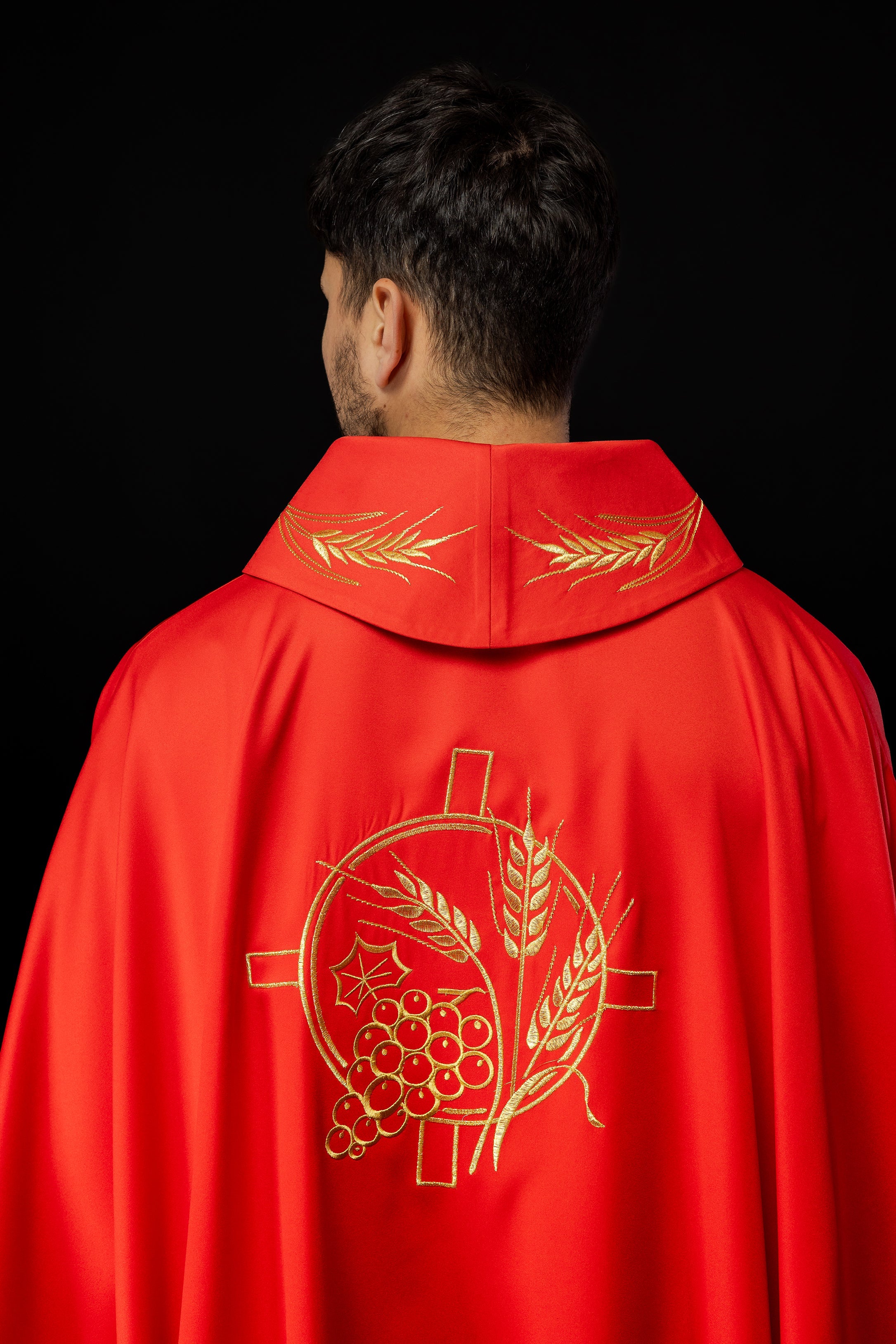 Monastic chasuble in red with embroidered collar and wheat symbol