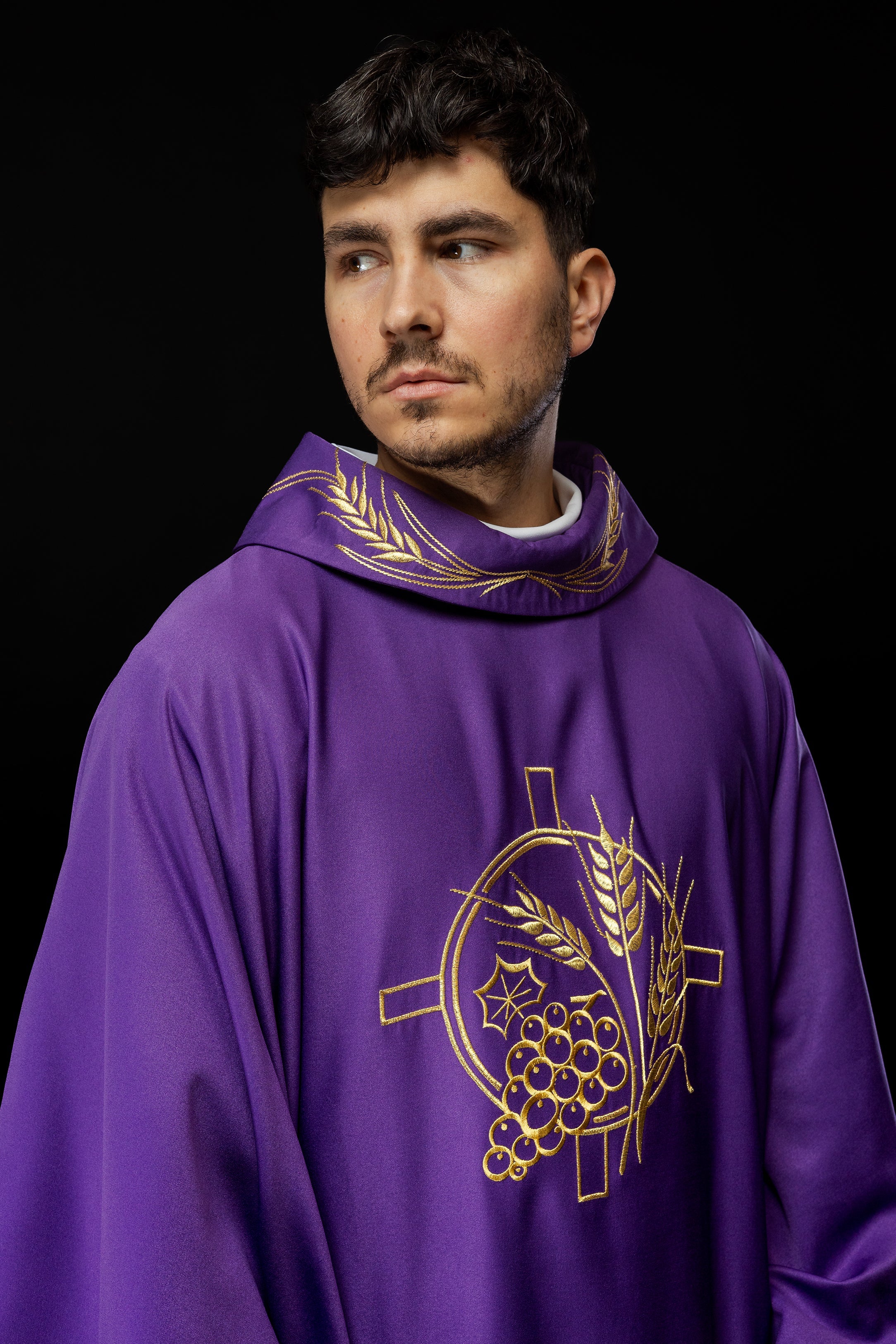 Purple chasuble with decorated collar, cross and wheat embroidery