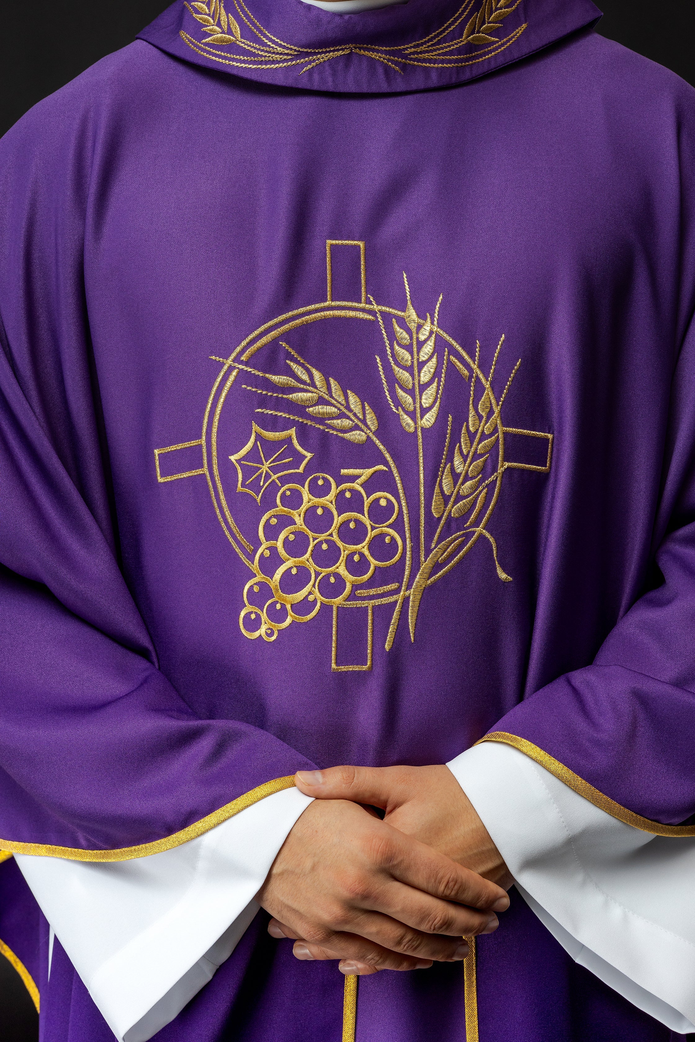 Purple chasuble with decorated collar, cross and wheat embroidery