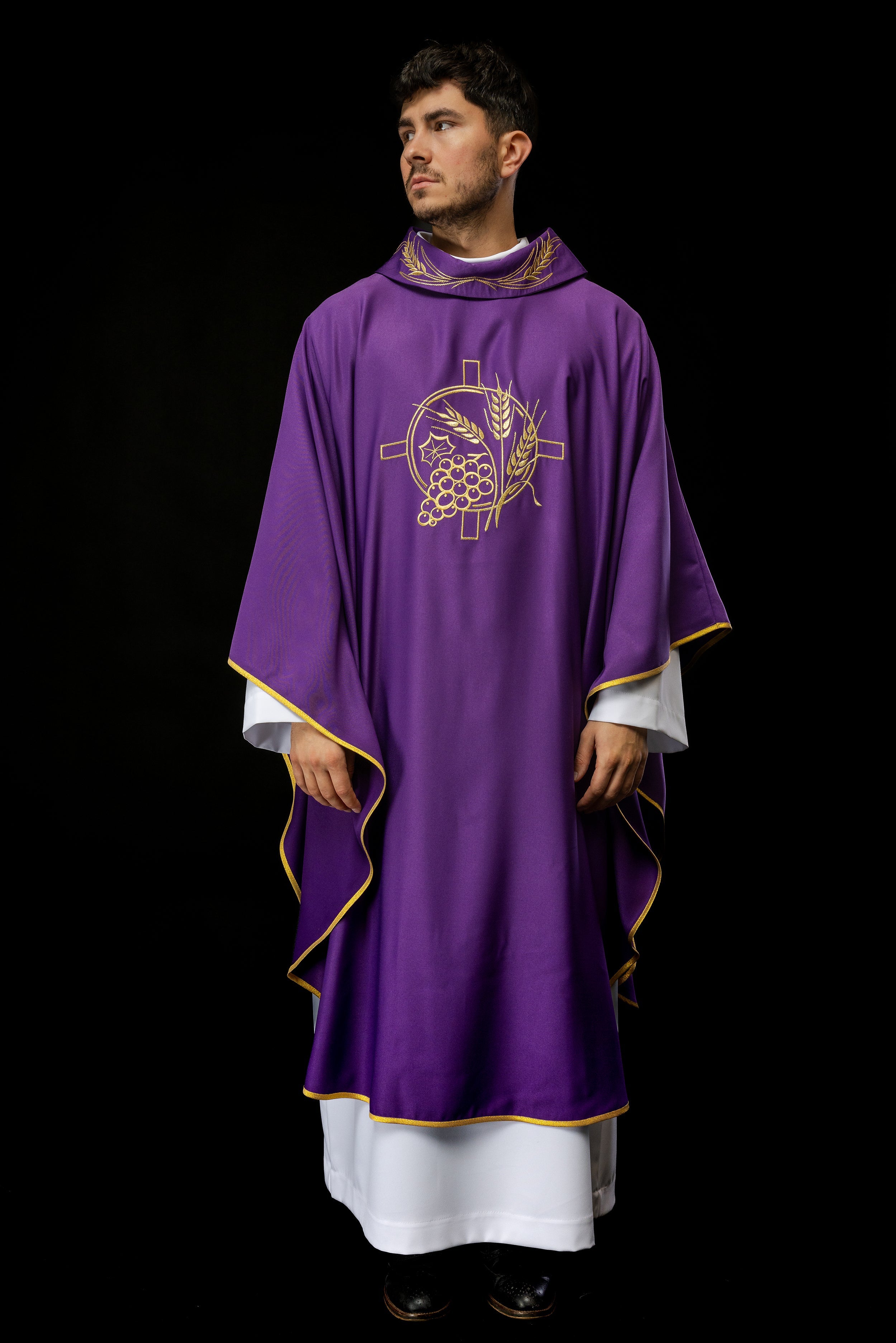 Purple chasuble with decorated collar, cross and wheat embroidery