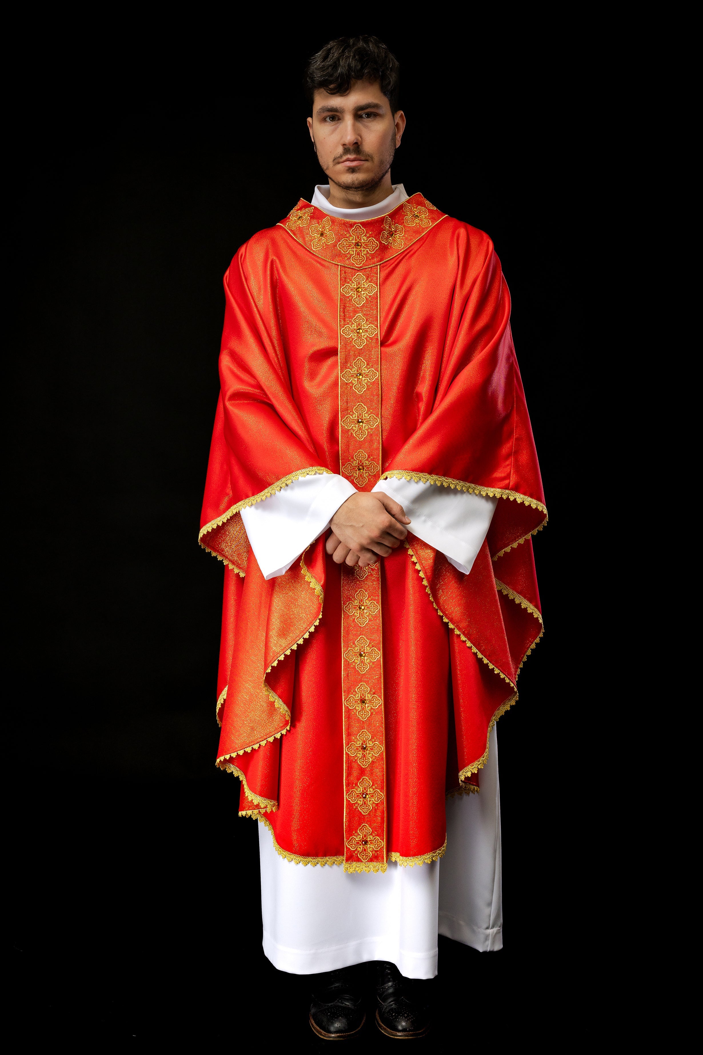 Red chasuble with decorative stones and embroidered collar