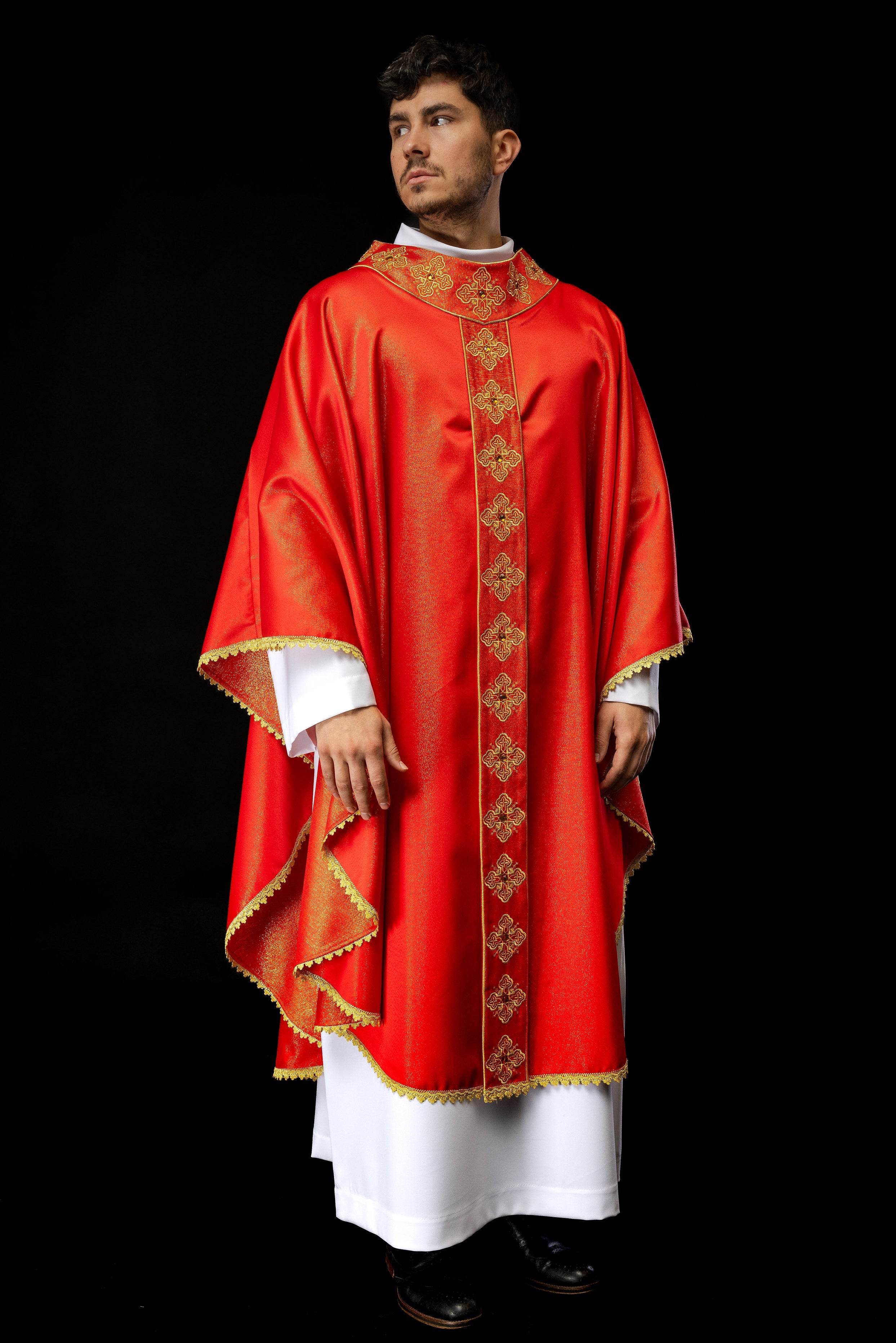 Red chasuble with decorative stones and embroidered collar