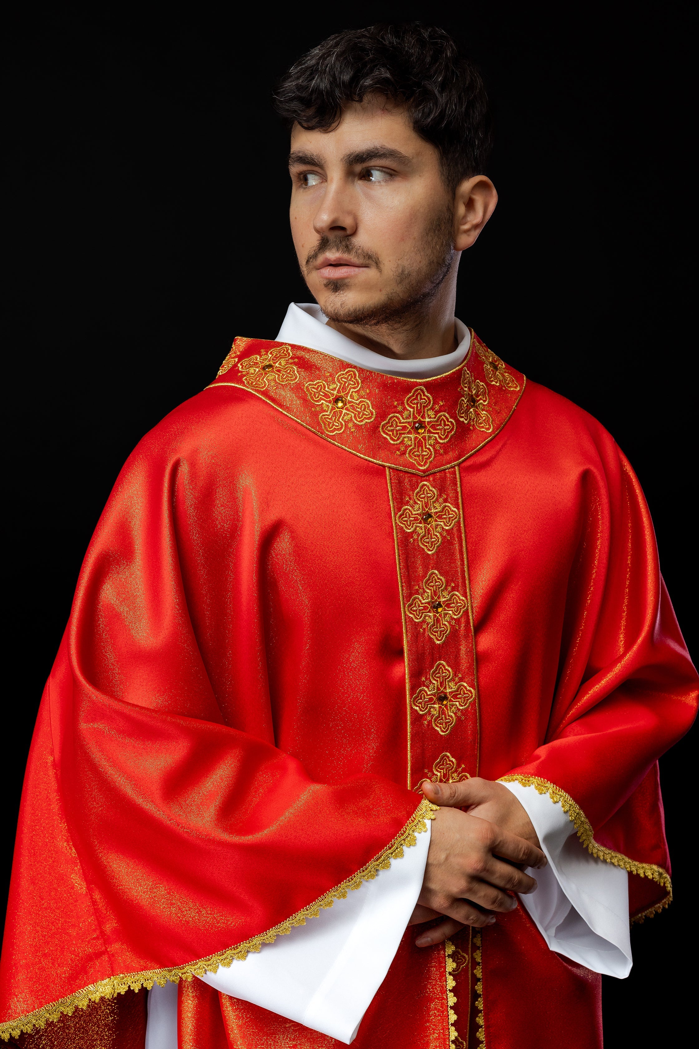 Red chasuble with decorative stones and embroidered collar