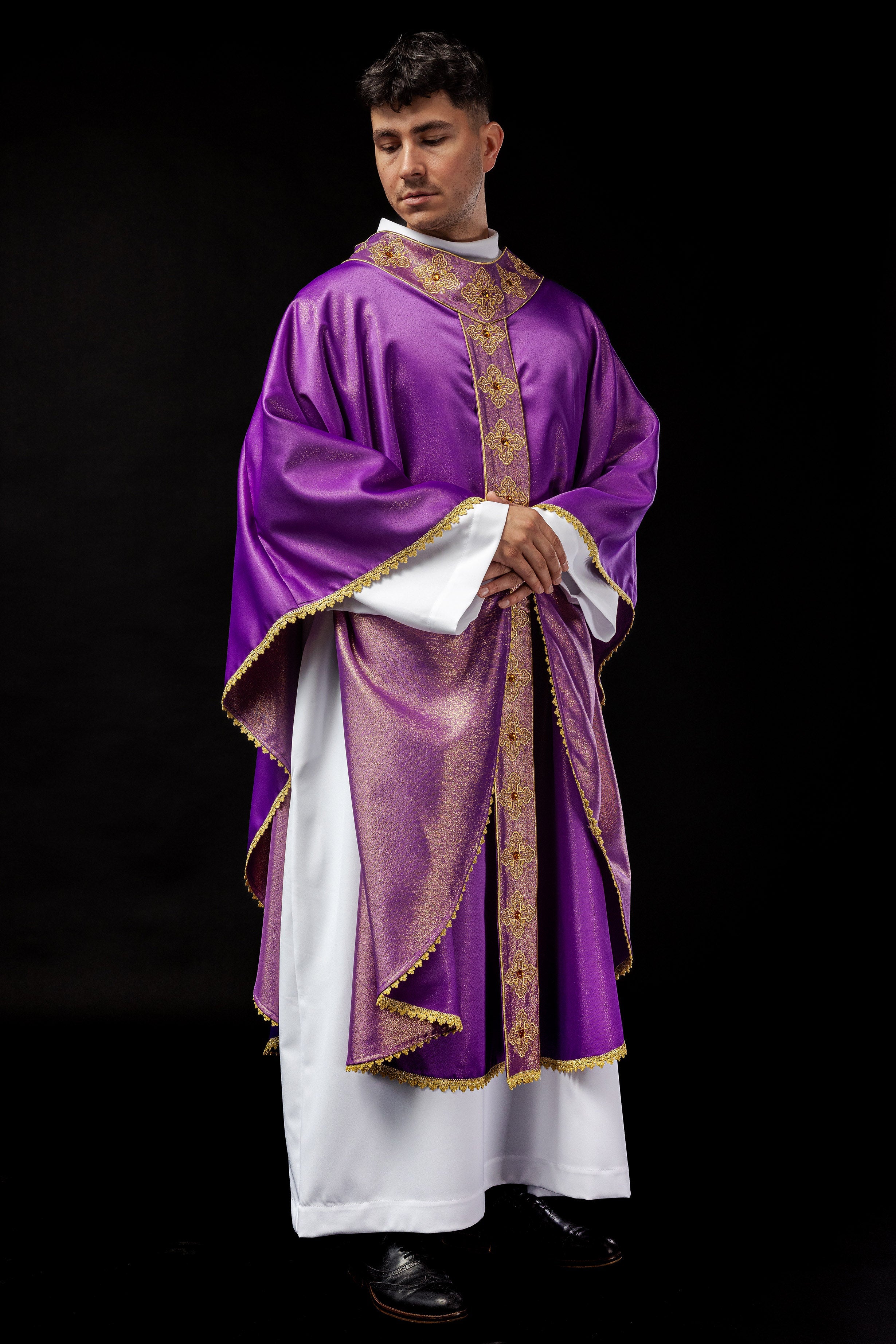 Purple catlholic chasuble with embroidered belt and collar decorated with stones