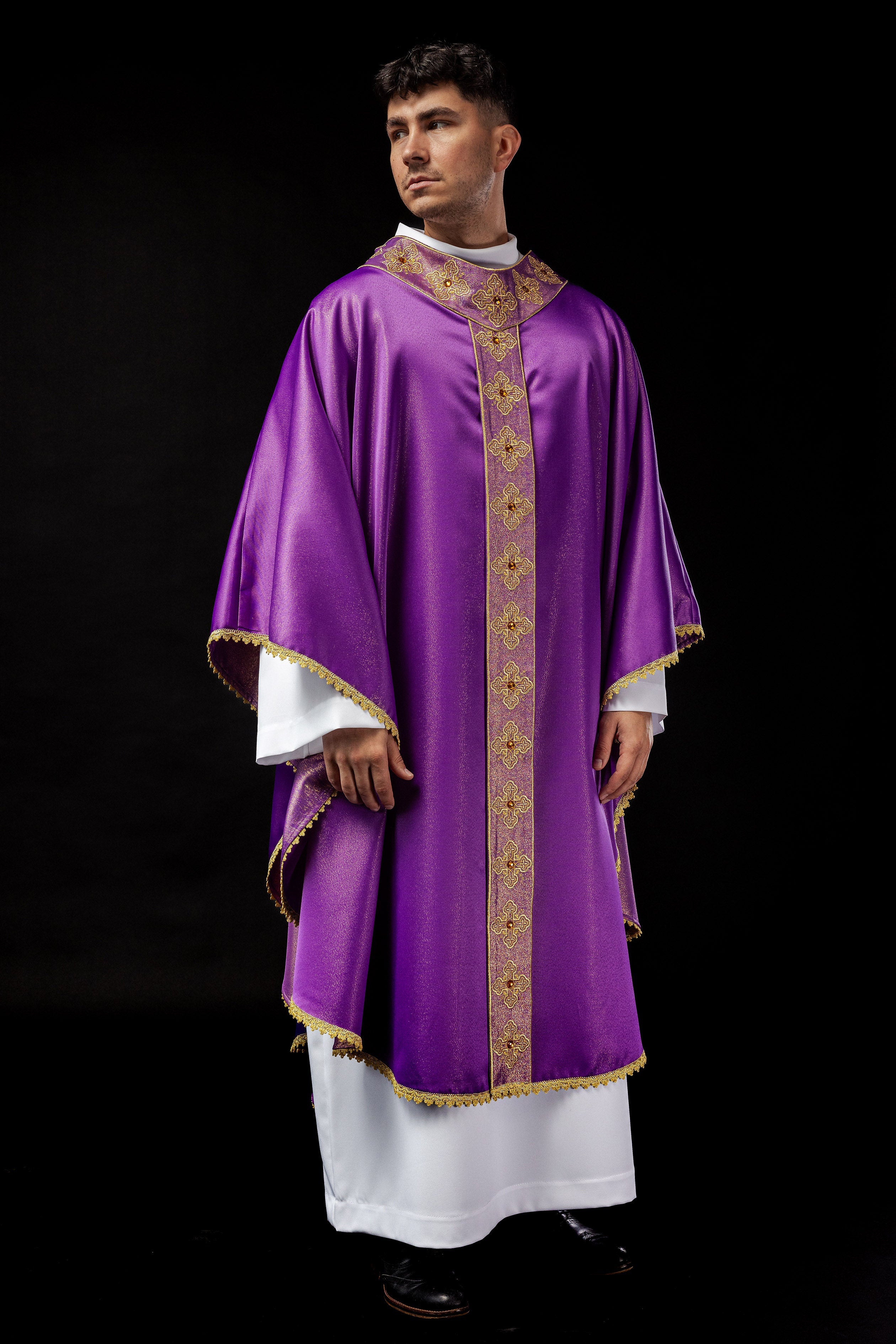 Purple catlholic chasuble with embroidered belt and collar decorated with stones