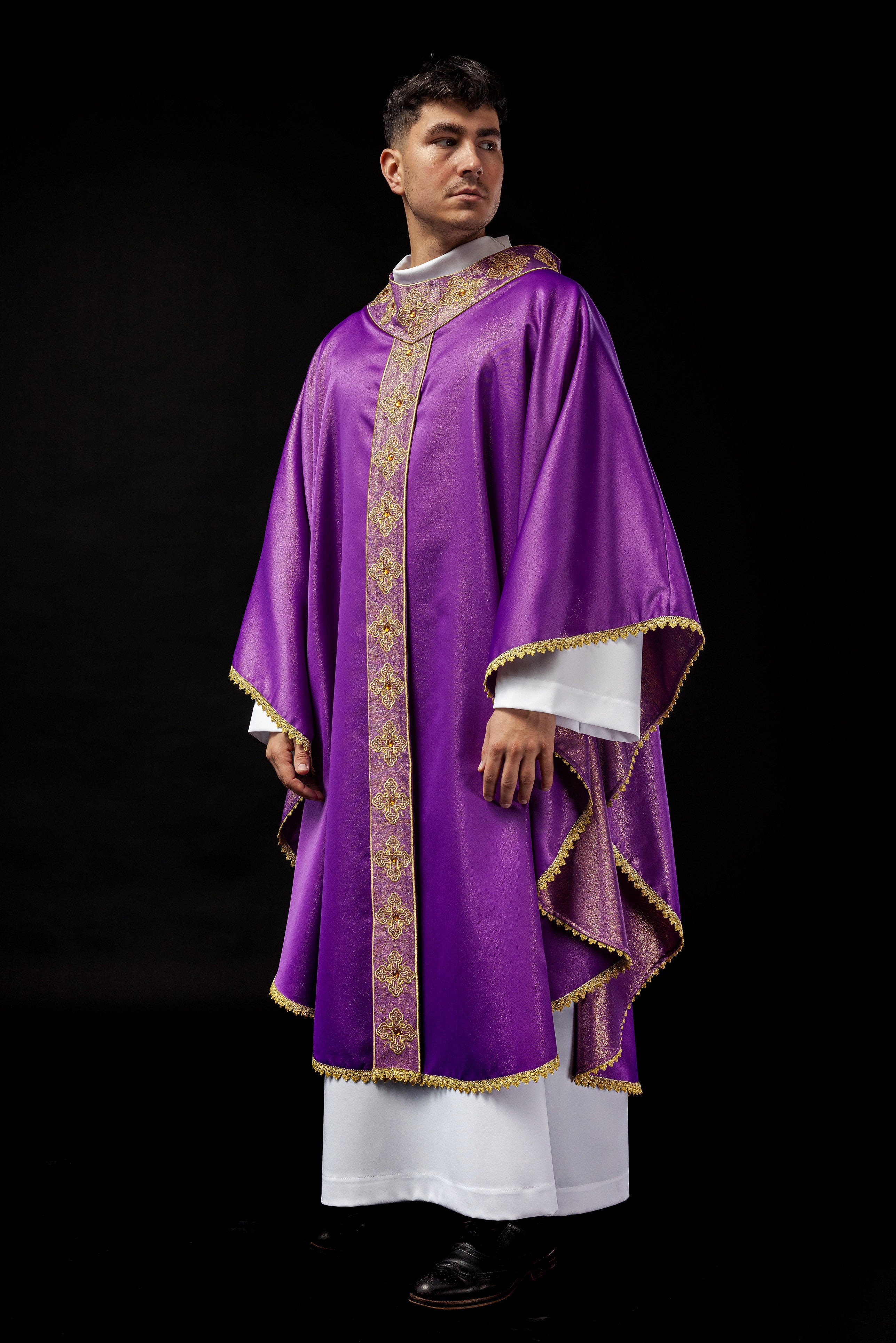 Purple catlholic chasuble with embroidered belt and collar decorated with stones