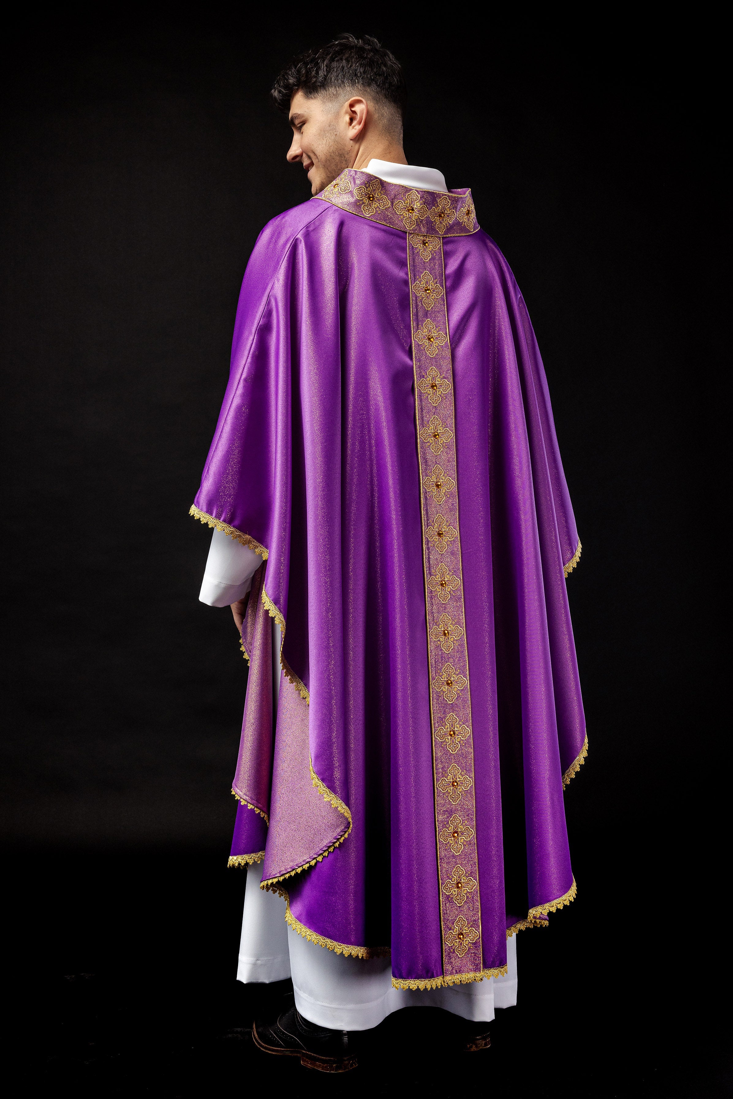 Purple catlholic chasuble with embroidered belt and collar decorated with stones