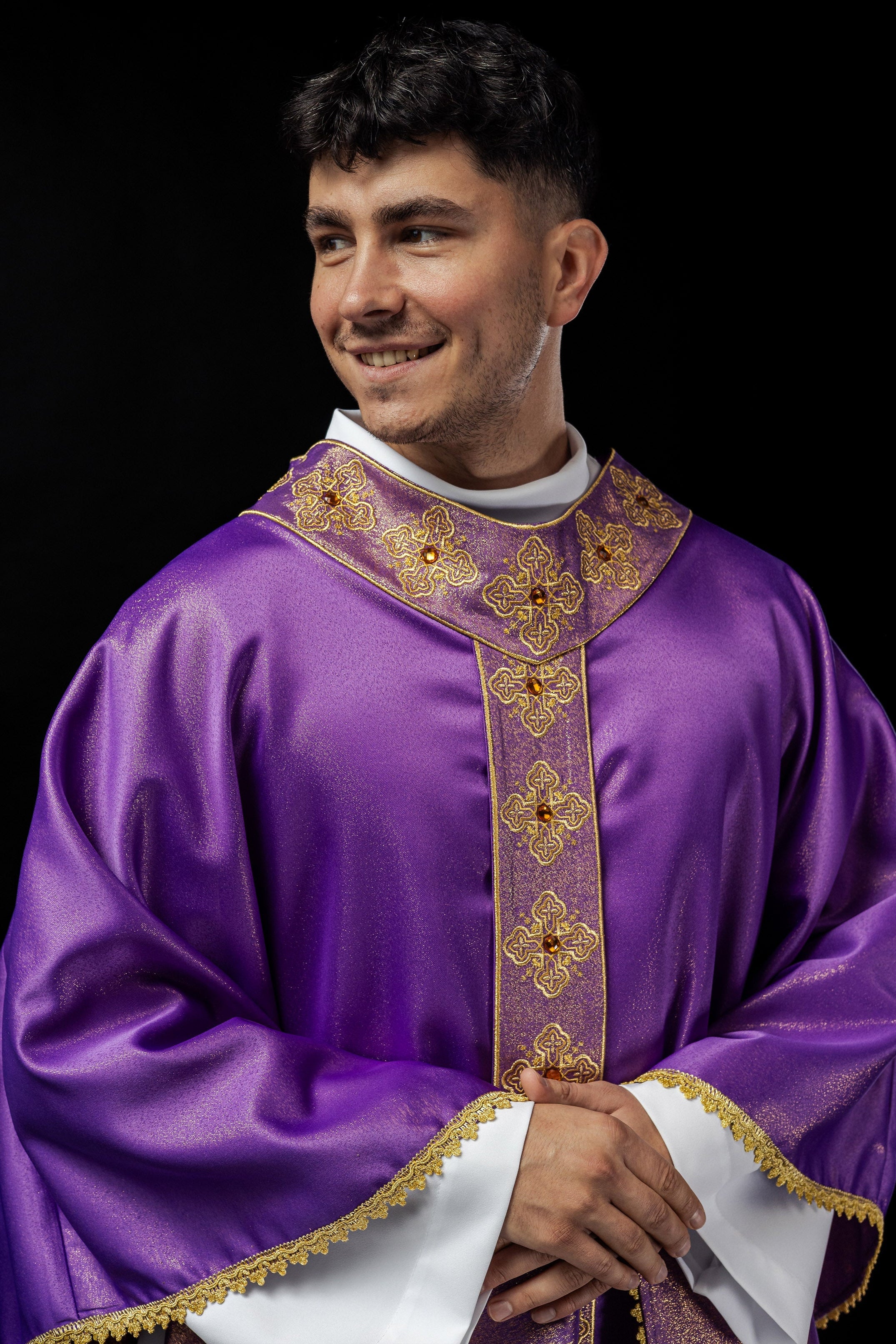 Purple catlholic chasuble with embroidered belt and collar decorated with stones