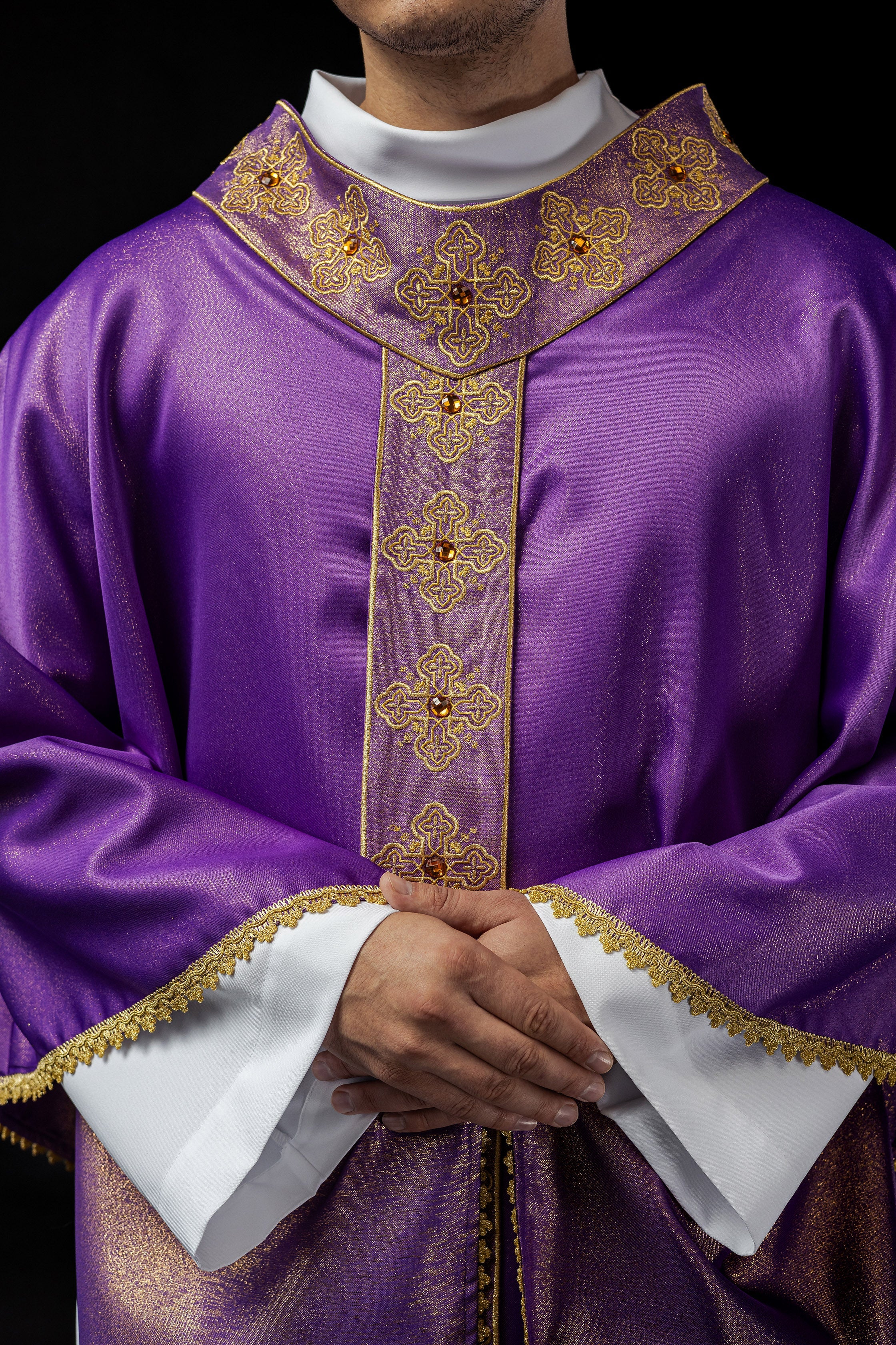 Purple catlholic chasuble with embroidered belt and collar decorated with stones