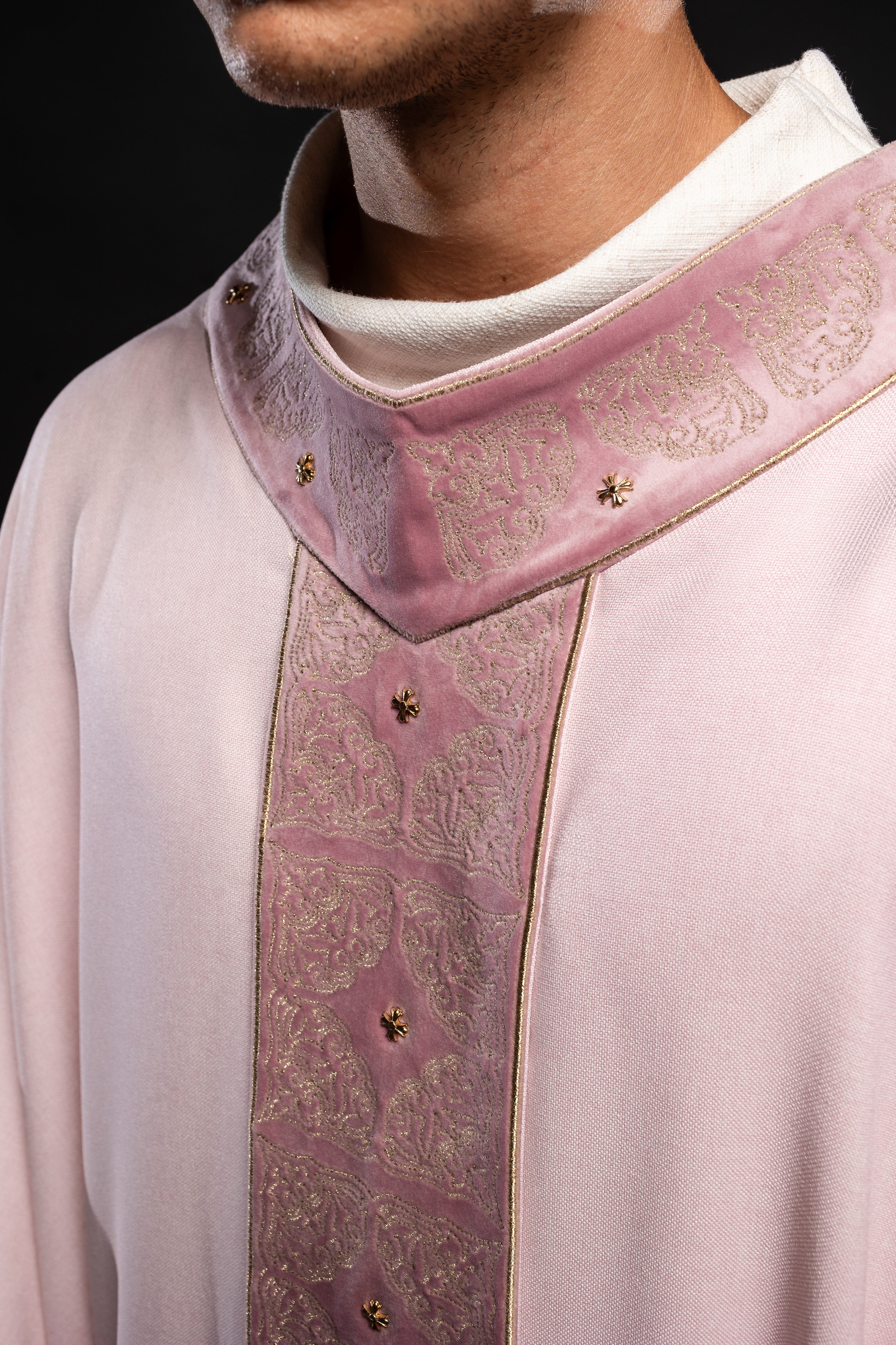 Pink priest robe made of natural touch texture and little decorative metal crosess - HAFTINAUSA.COM