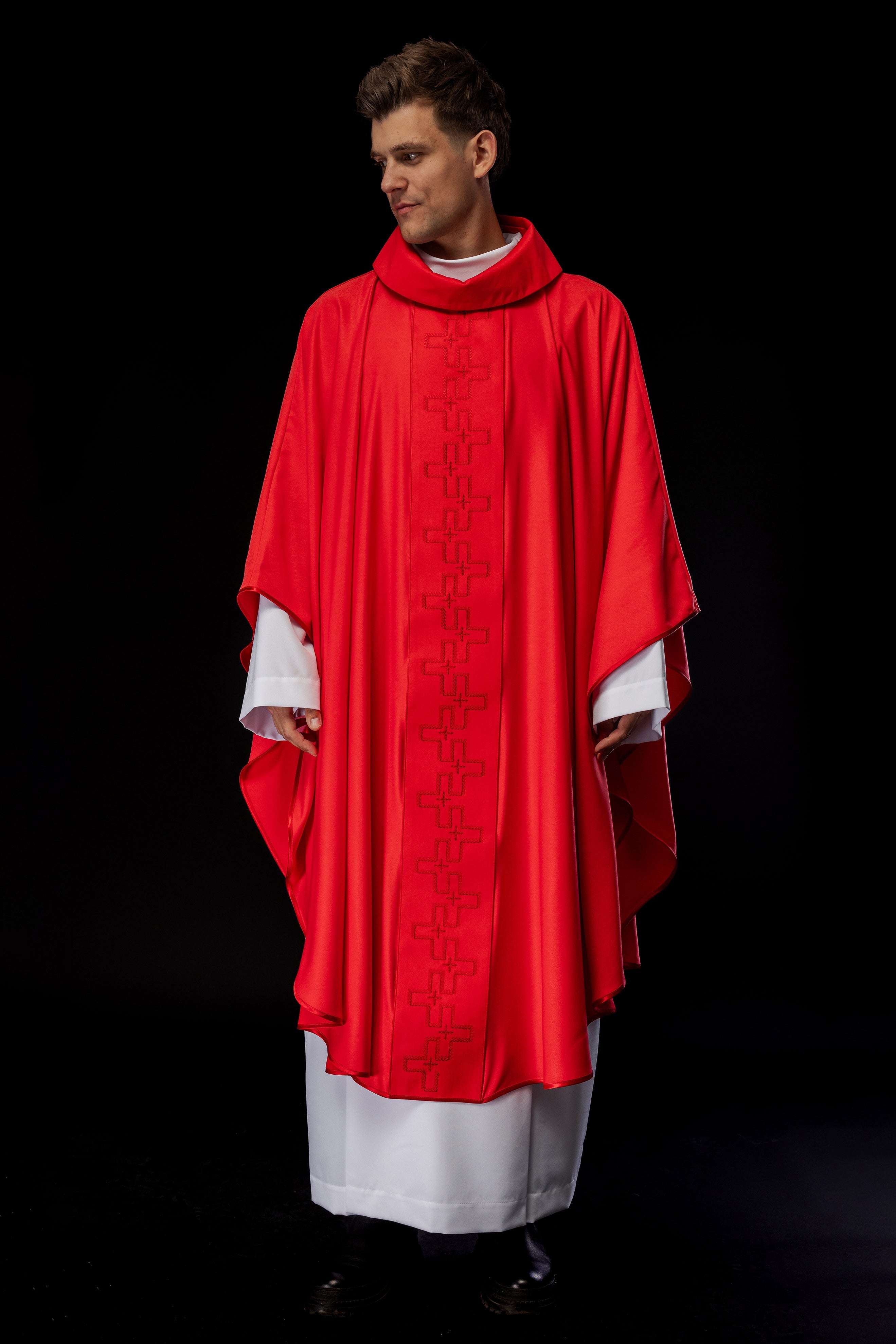 Catholic priest chasuble in red embroidery of crosses in red color