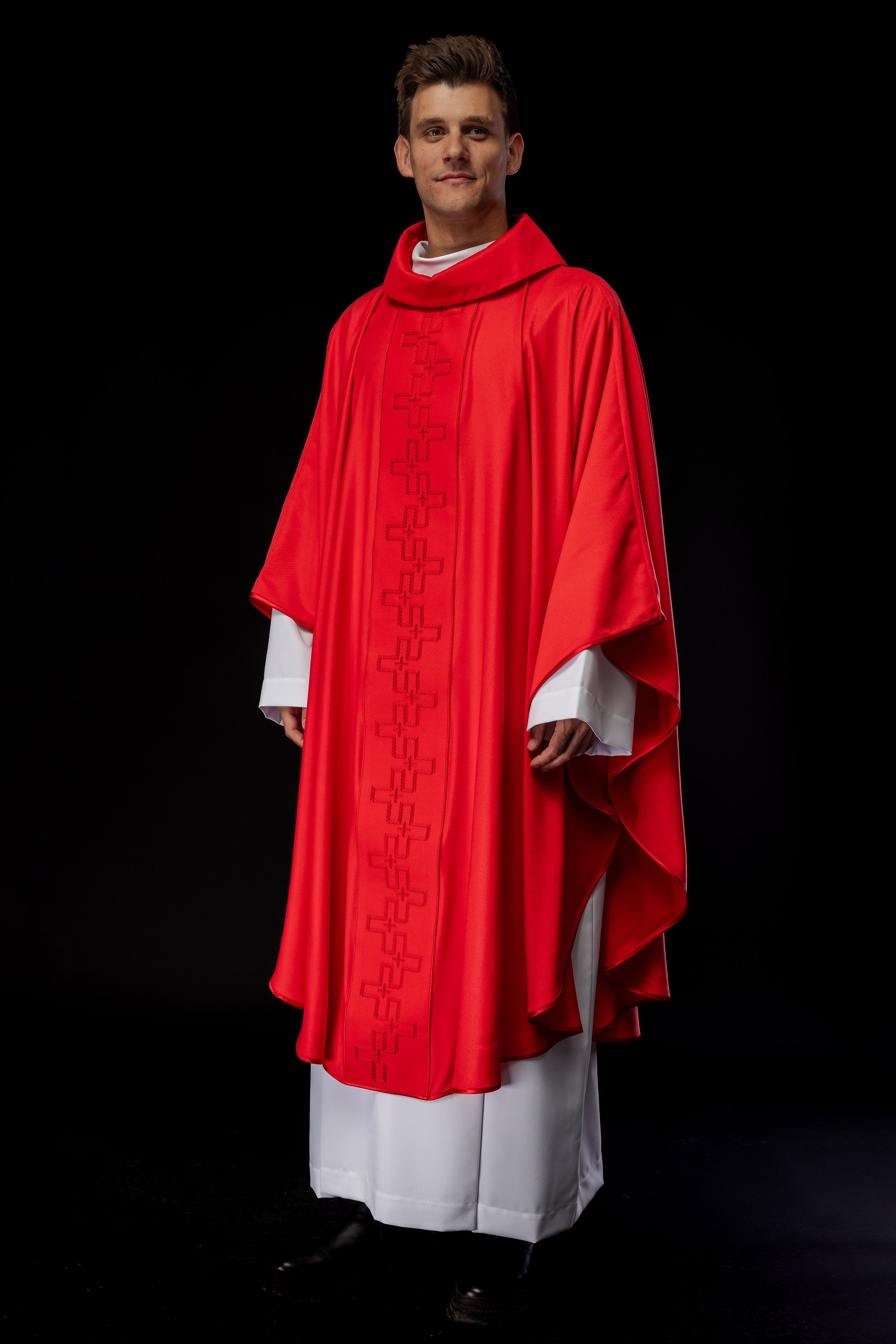 Catholic priest chasuble in red embroidery of crosses in red color