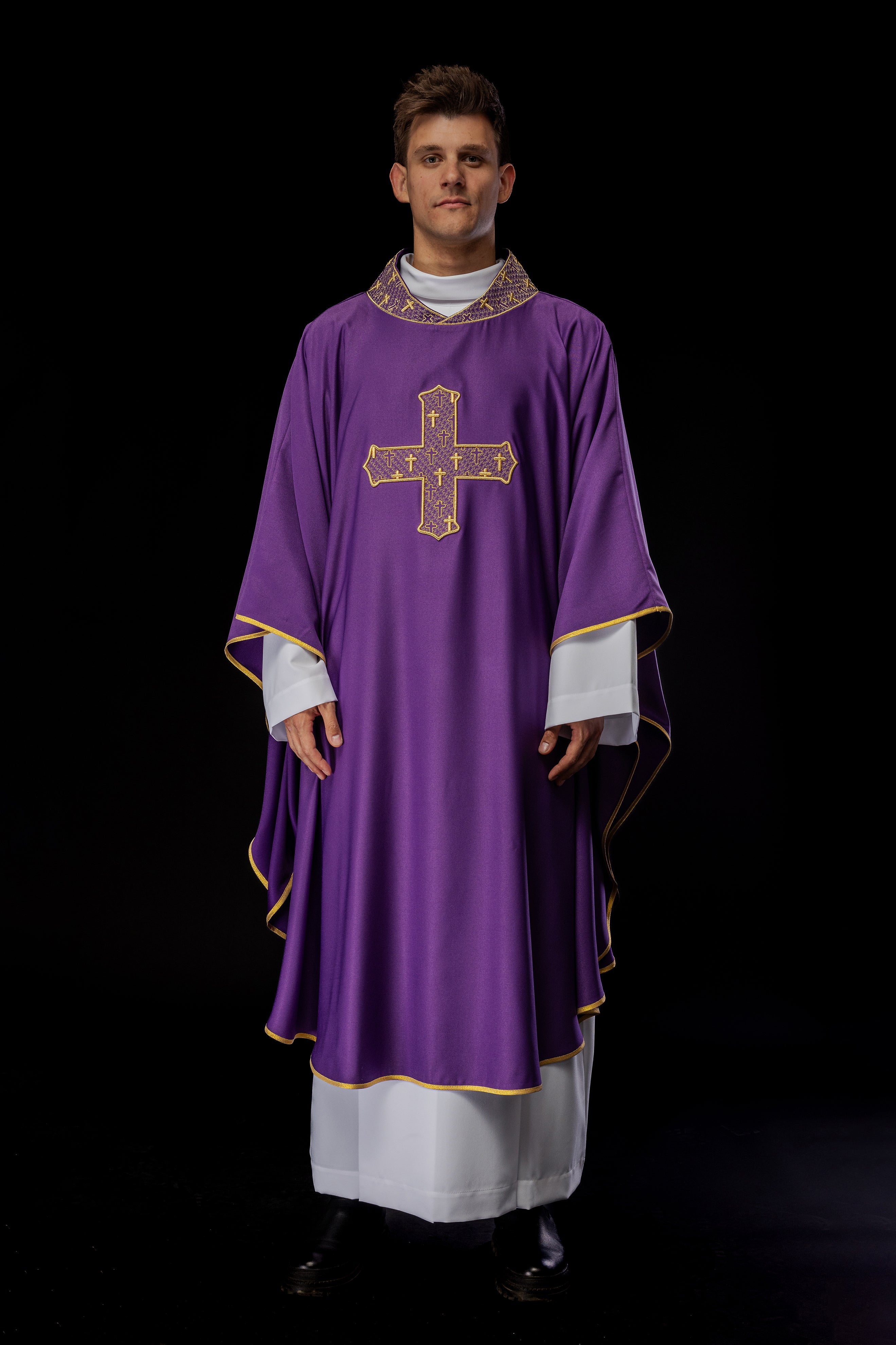 Purple chasuble with gold collar and cross embroidery