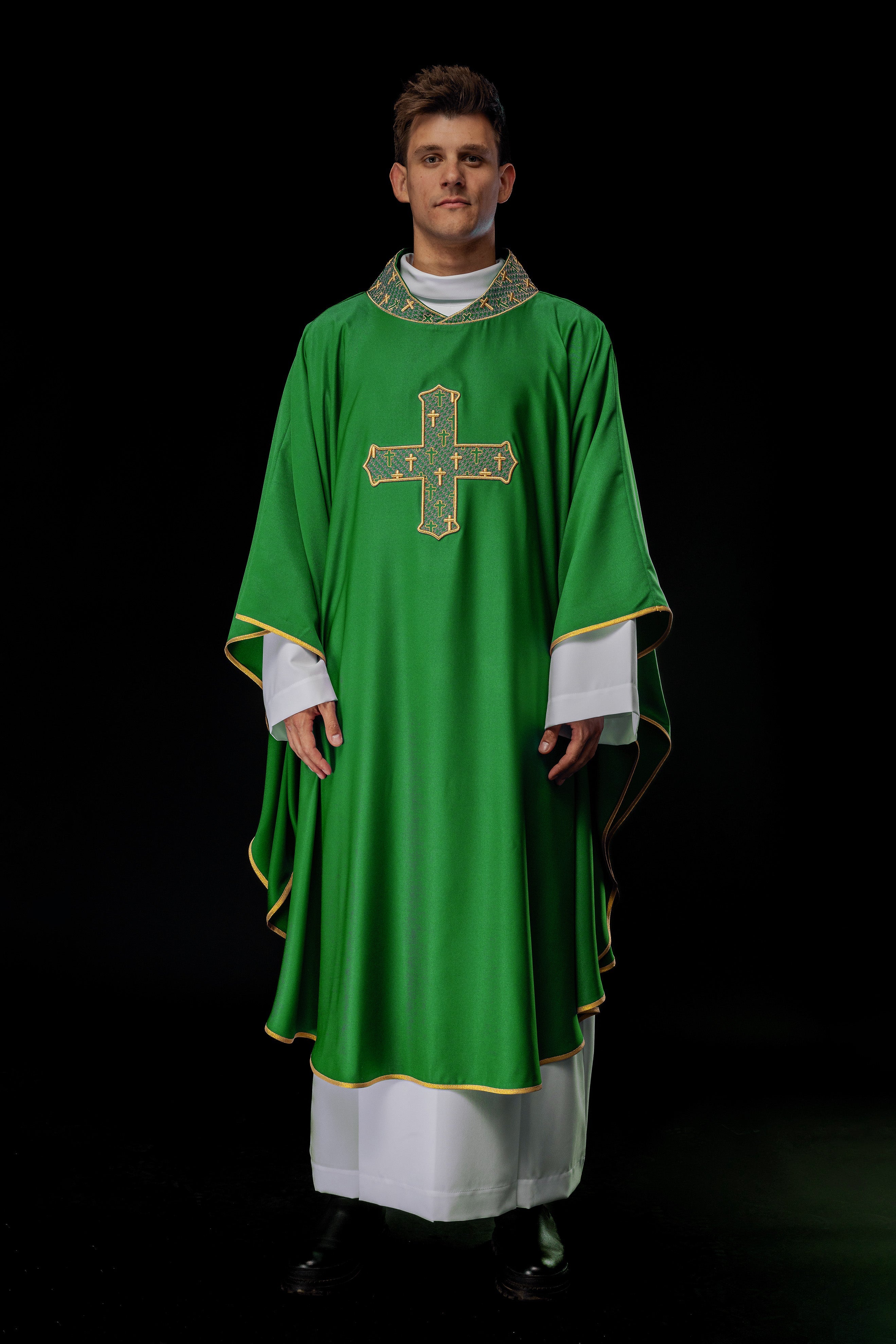 Chasuble with richly embroidered cross and collar in green